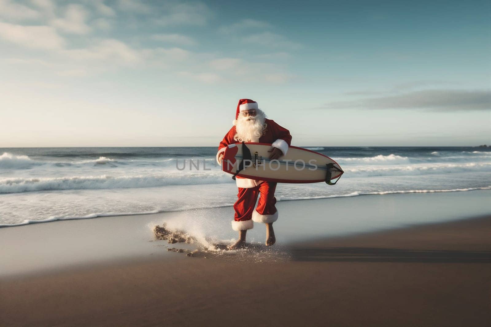 vacation water beach year christmas sea december walk holiday claus background happy hurry sunny new surfing ocean santa concept costume summer. Generative AI.