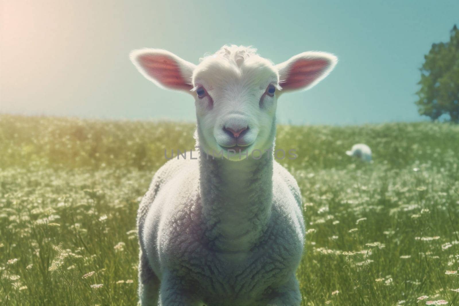 sunlight wool mountain white sunny lamb field animal shepherd green pasture summer sheep outdoor sun farmland grass farm meadow day. Generative AI.