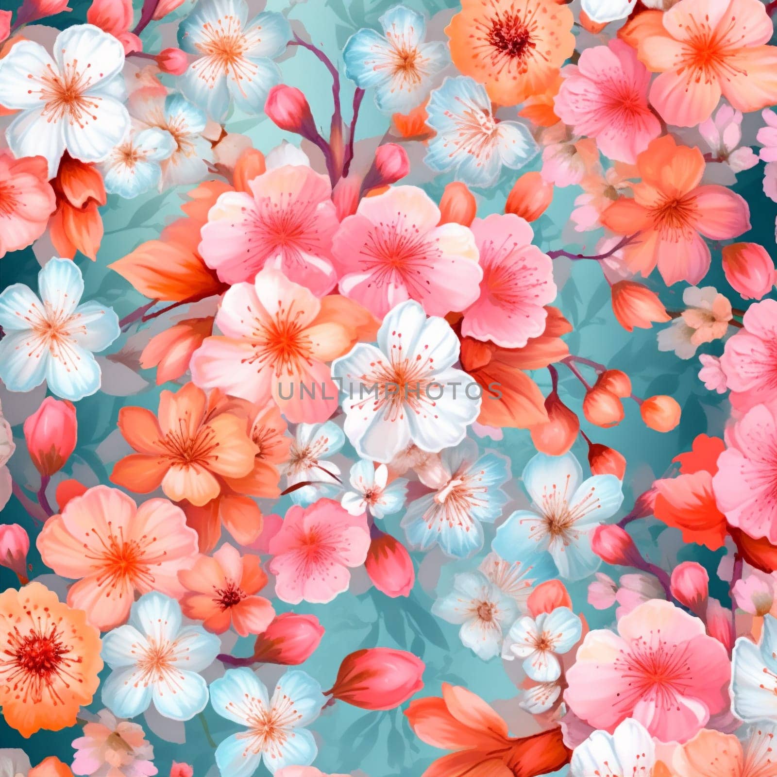 summer flower leaf ornament floral textile art drawing wallpaper seamless fabric bouquet decorative cute texture modern botanical spring beautiful pattern. Generative AI.