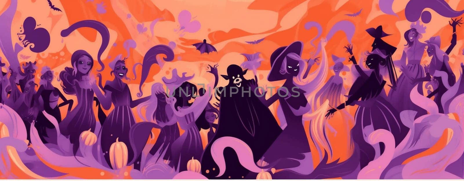 evil autumn magic design witch beautiful devil night illustration black bat background invitation orange holiday pumpkin horror halloween purple party girl. Generative AI.