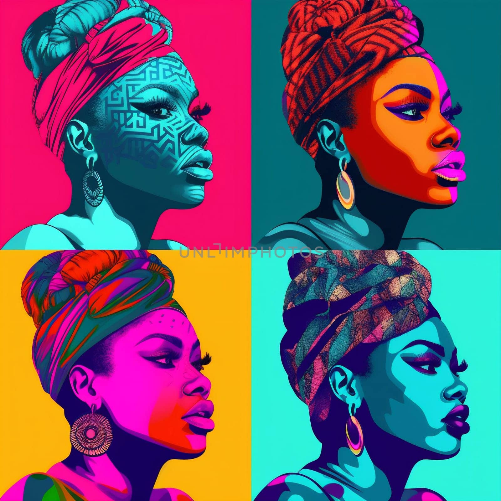 woman make-up illustration head cartoon graphic music face listen person rainbow colourful black art afro colours paint fashion portrait style hair. Generative AI.