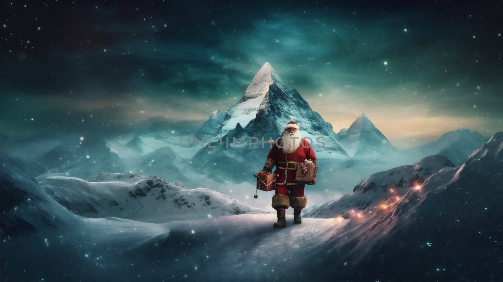 snow mountain costume sky santa nature night winter christmas holiday. Generative AI. by Vichizh