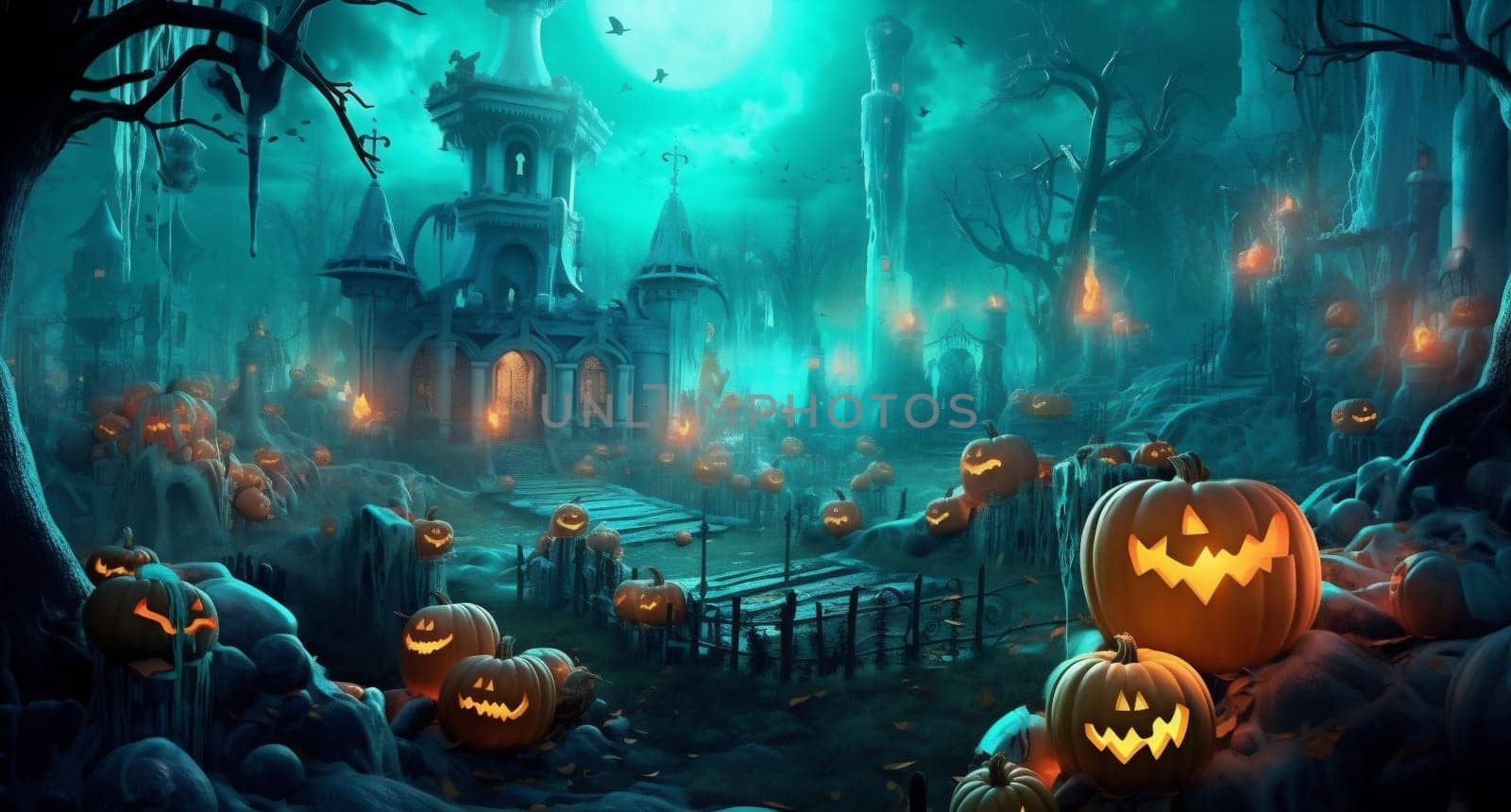 bat cemetery grave horror holiday pumpkin moon dark night halloween. Generative AI. by Vichizh