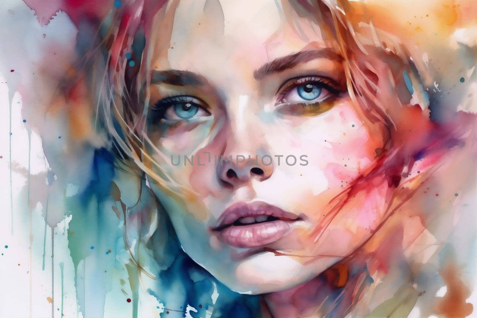illustration woman portrait red face colourful paint beauty modern style lip background glamour abstract watercolor feminine creative art female make-up person. Generative AI.