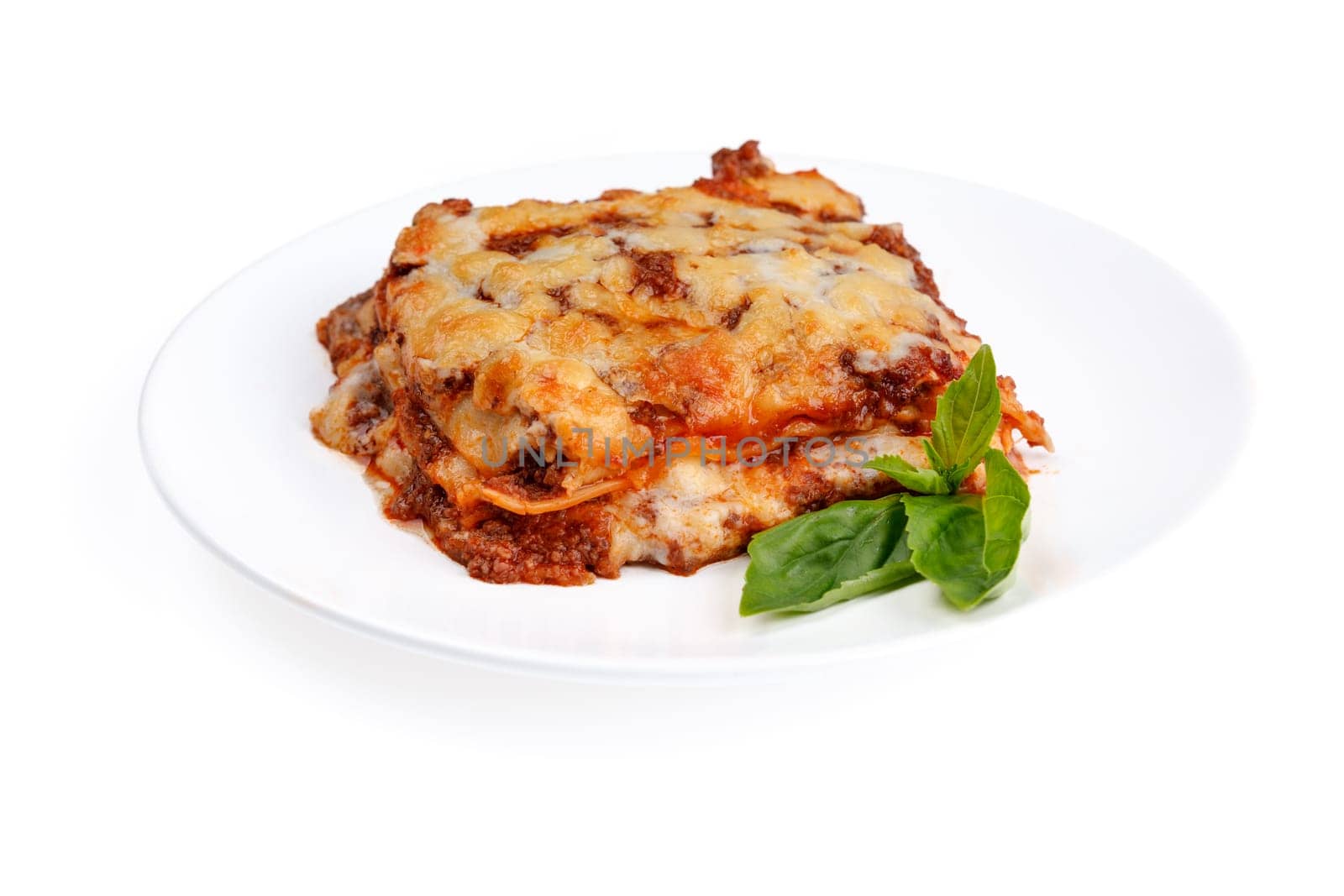 appetizing lasagna on a white background for food delivery site