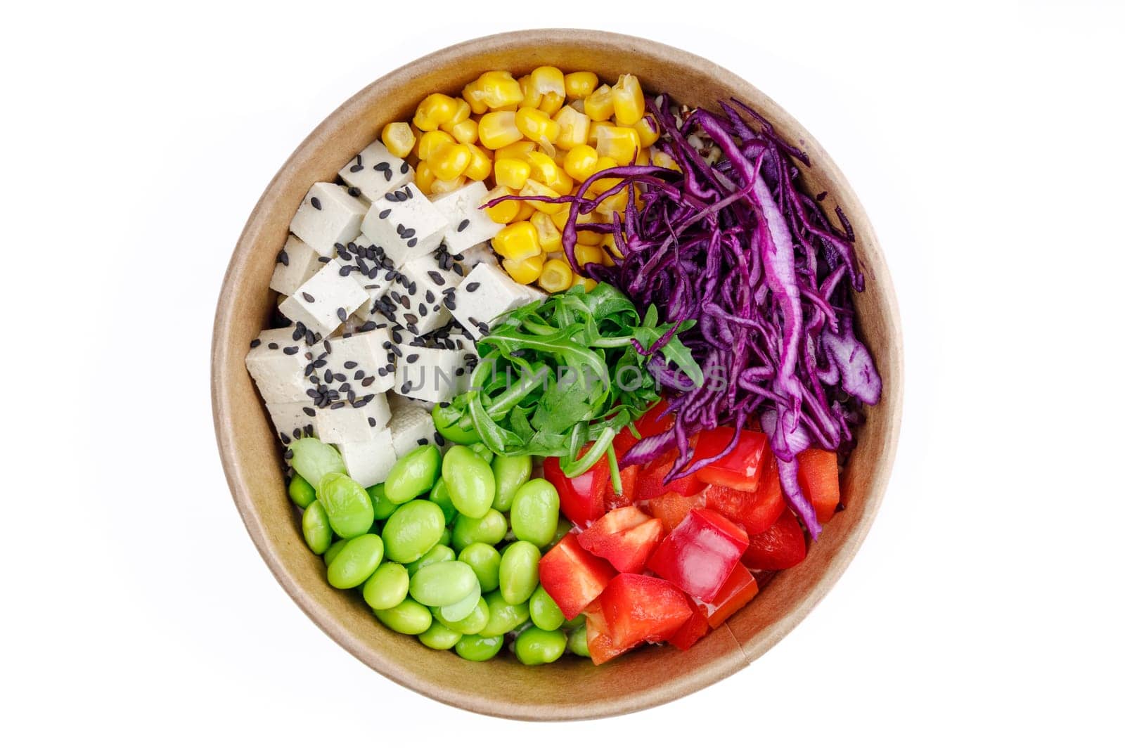 Bowl of tofu and quinoa, bulgur, corn, red cabbage, bell pepper, edamame beans, arugula, black sesame on a white background 1 by Mixa74