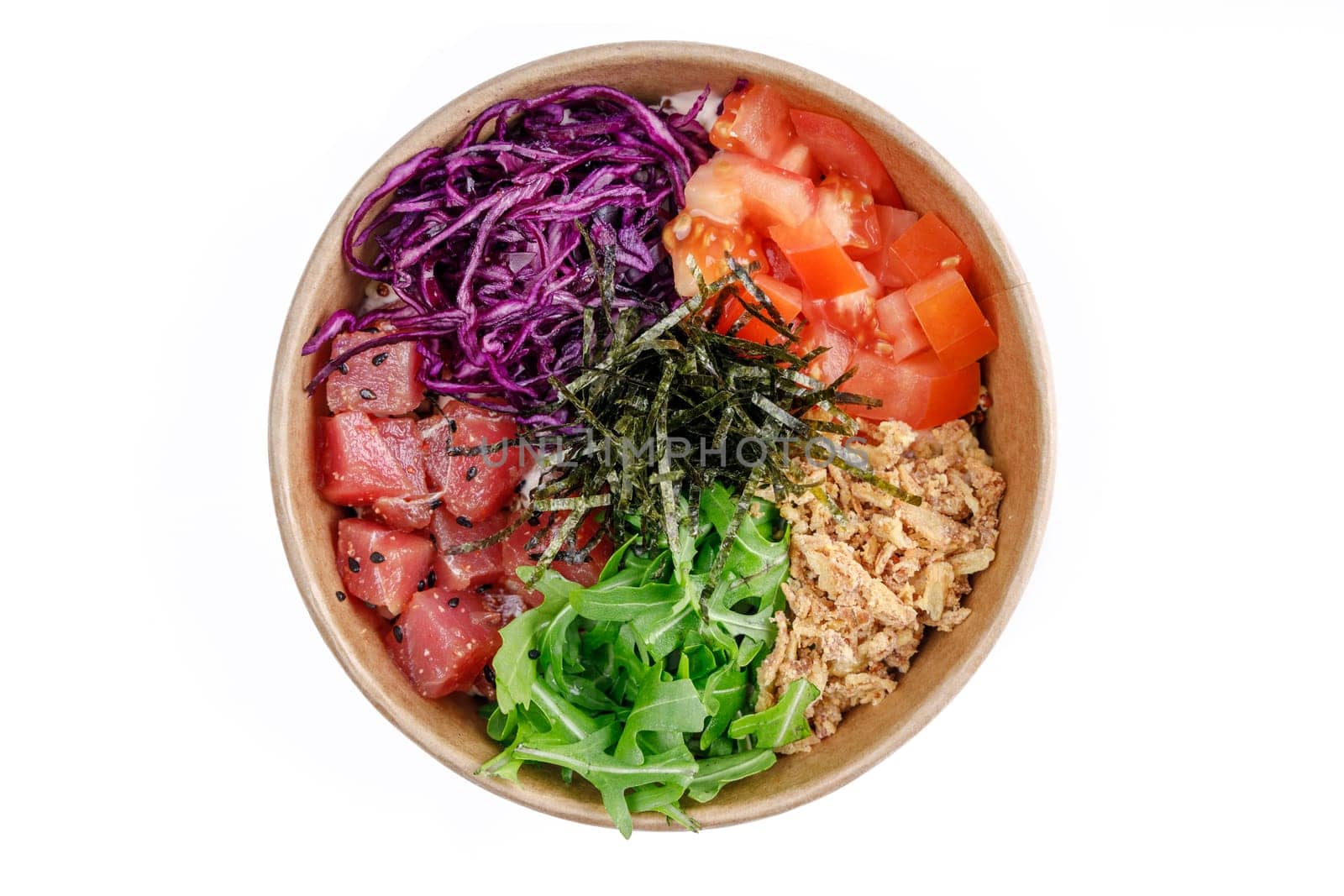 Bowl with tuna and quinoa, bulgur, red cabbage, edamame beans, arugula, nori, crispy onions on a white background 1