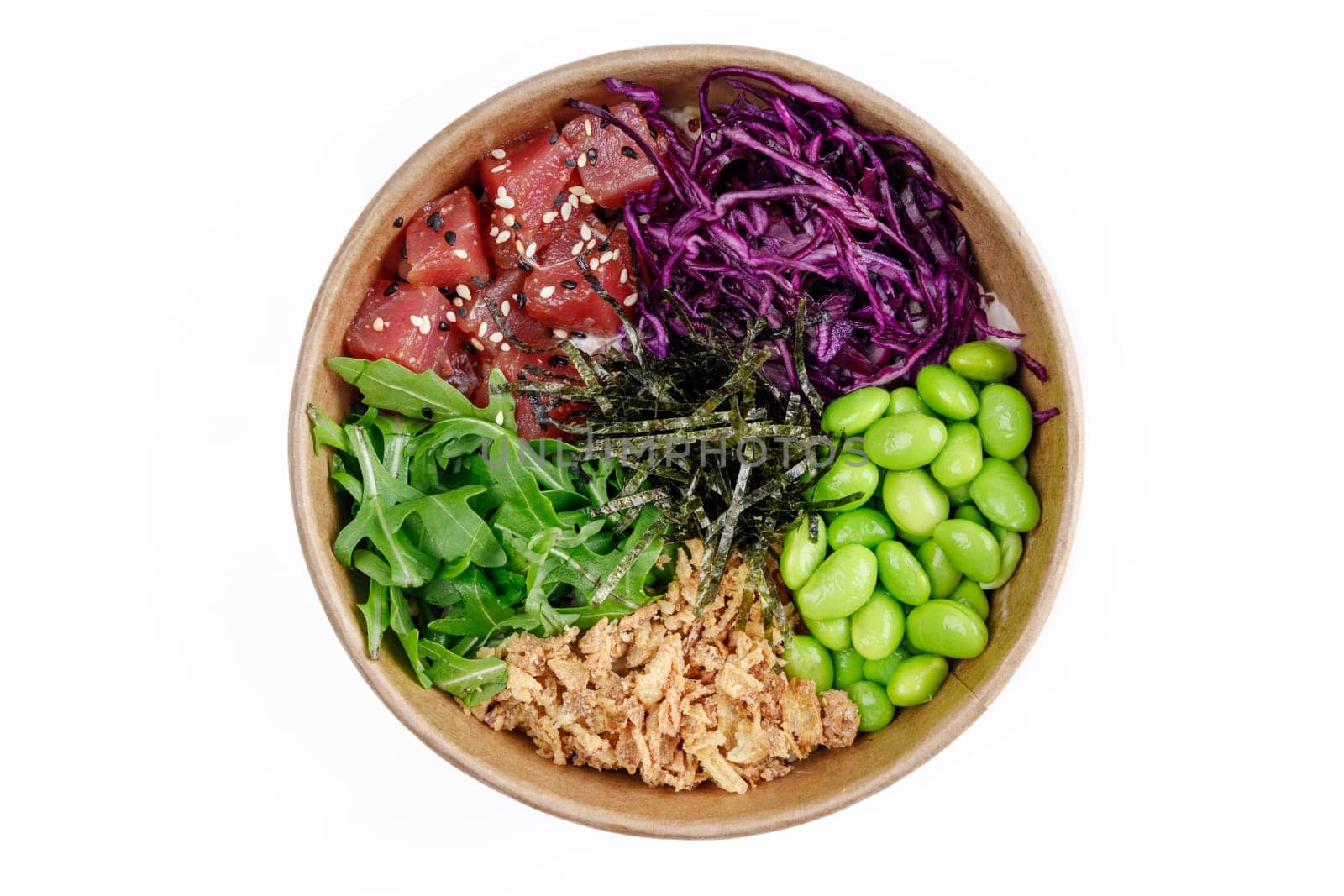 Bowl with tuna and quinoa, bulgur, red cabbage, edamame beans, arugula, nori, crispy onions on a white background 1 by Mixa74