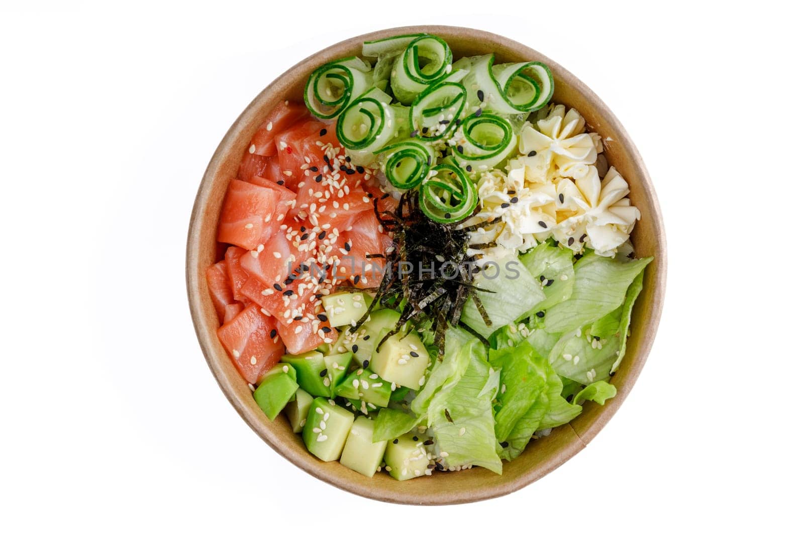 Philadelphia poke with salmon, cream cheese, avocado, cucumber, iceberg, poke rice, aioli sauce on a white background 1 by Mixa74