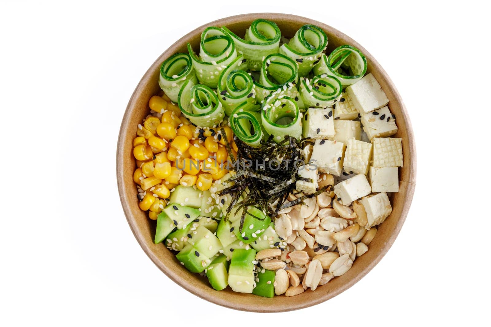 Vegan poke with tofu, avocado, corn, cucumber, peanuts, poke rice, aioli sauce on a white background 2 by Mixa74