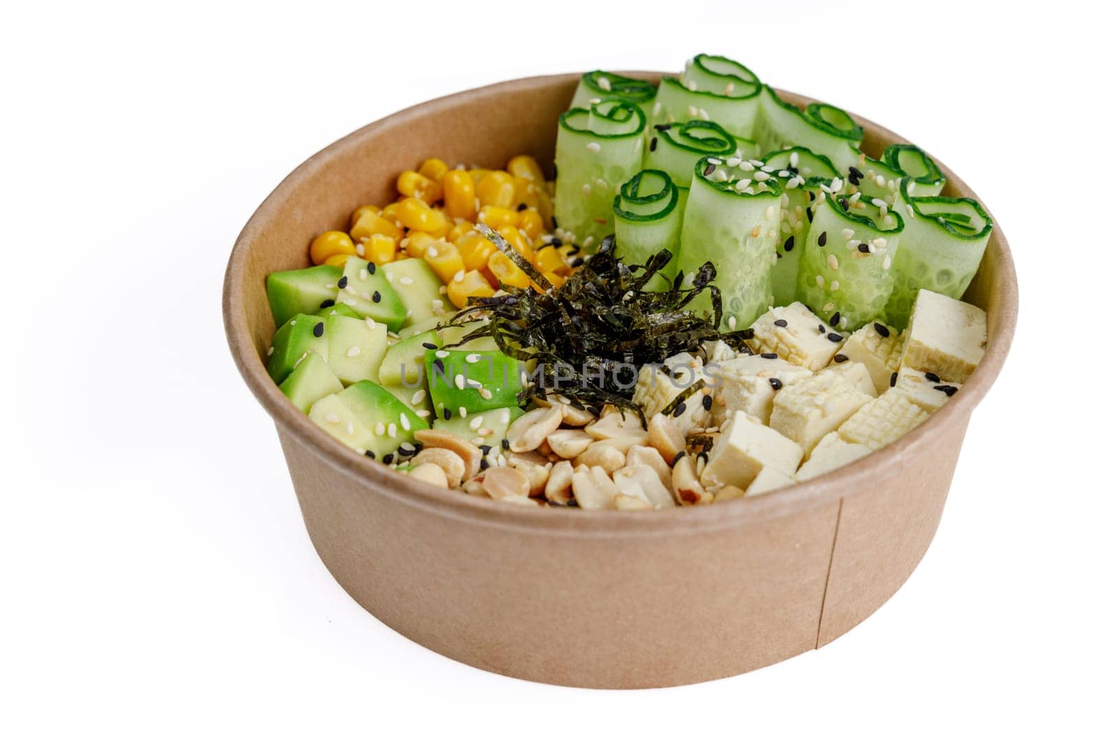 Vegan poke with tofu, avocado, corn, cucumber, peanuts, poke rice, aioli sauce on a white background 1 by Mixa74