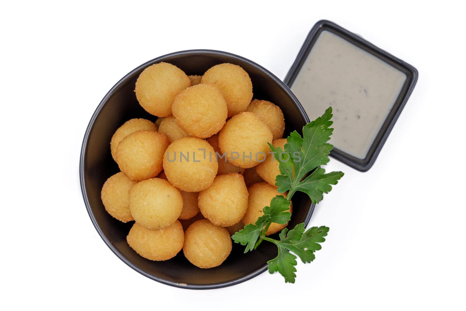 cheese balls with sauce on a white background for food delivery site