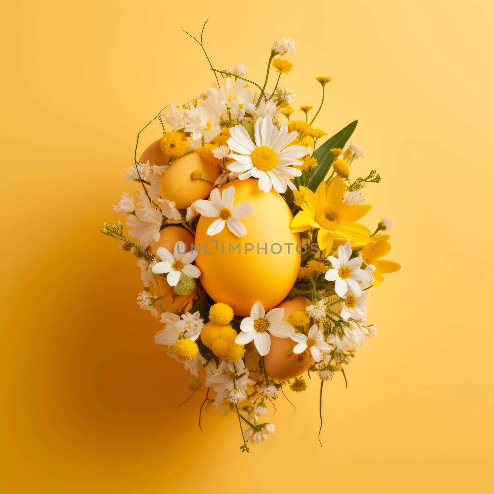 Yellow Easter creative composition with Easter eggs and spring flowers by Spirina