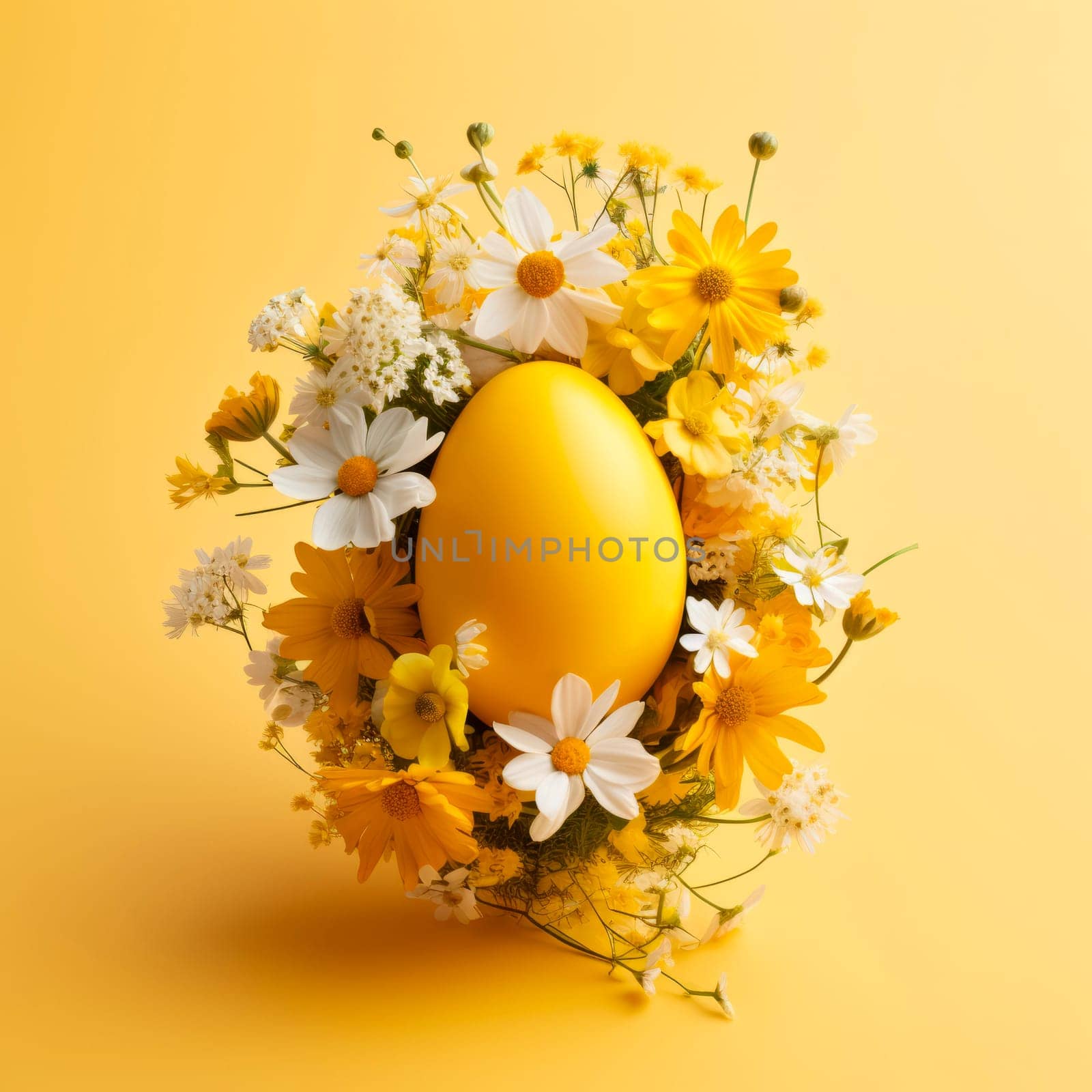 Yellow Easter creative composition with Easter eggs and spring flowers. High quality photo