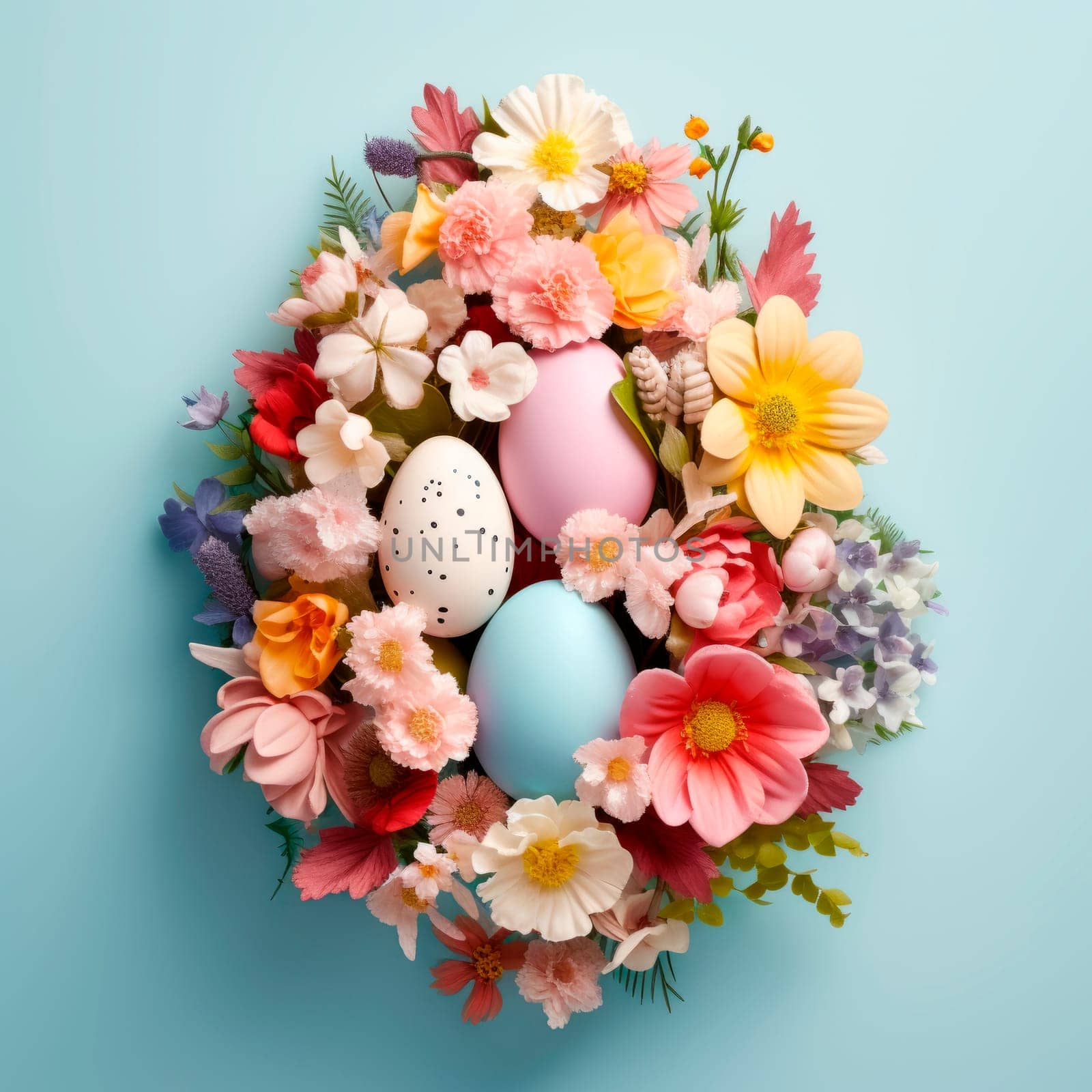 Easter creative composition with Easter eggs and spring flowers by Spirina
