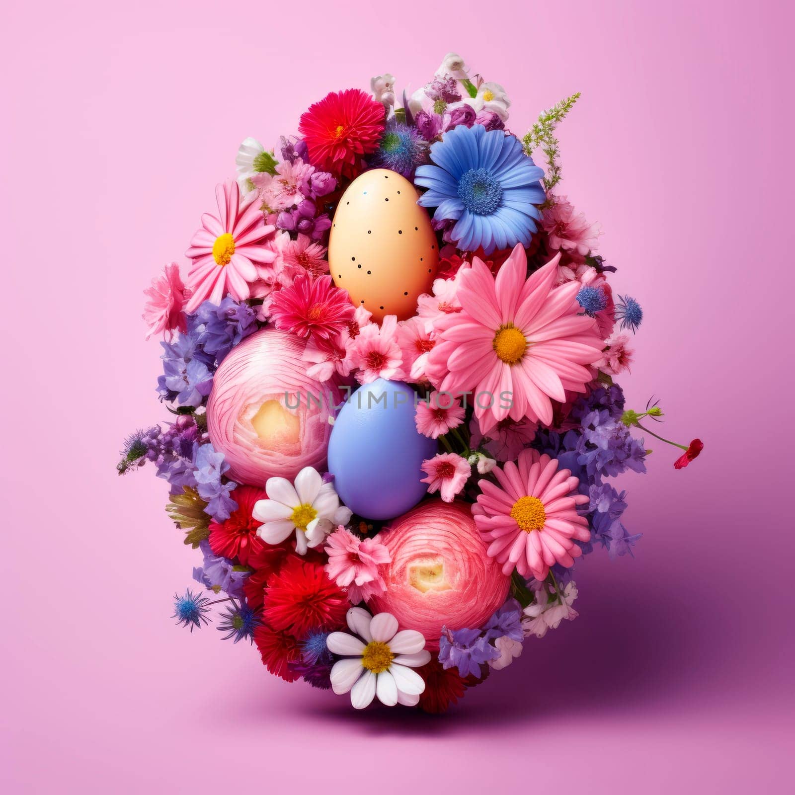 Easter creative composition with Easter eggs and spring flowers. High quality photo