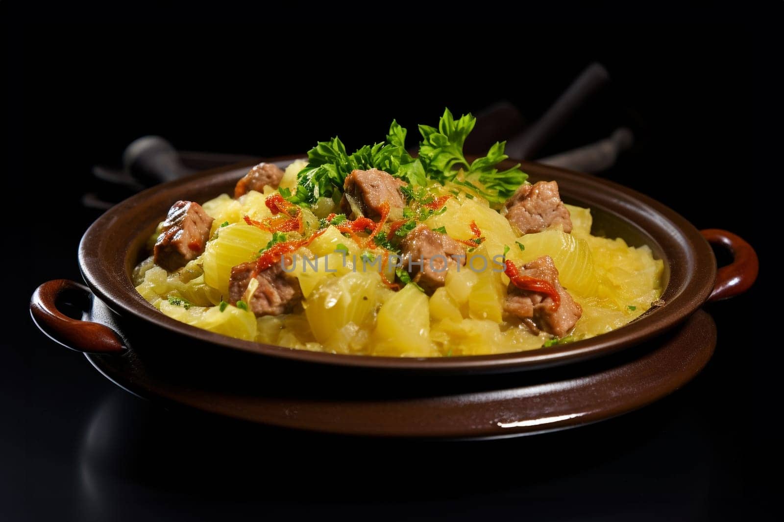 Cassoeula, traditional Lombardy dish with a stew made with pork meat and cabbage, often served with polenta. Italian seasonal comfort dish.