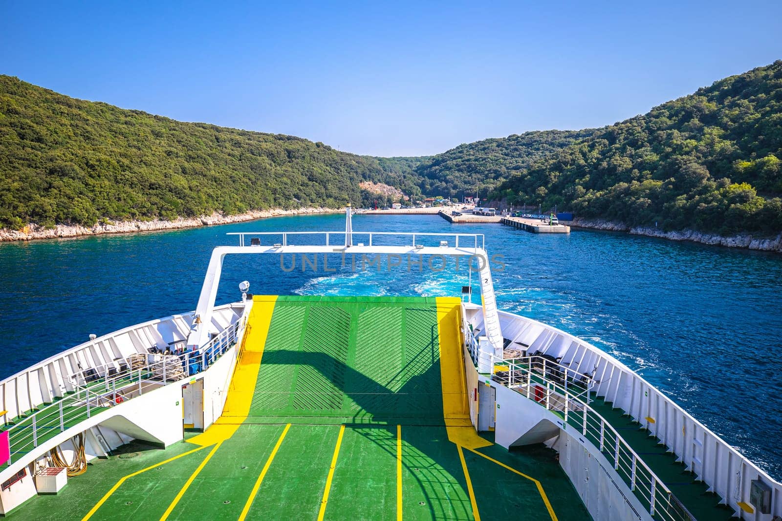 Adriatic ferry boat deck view, public sea transportation, Cres island Croatia