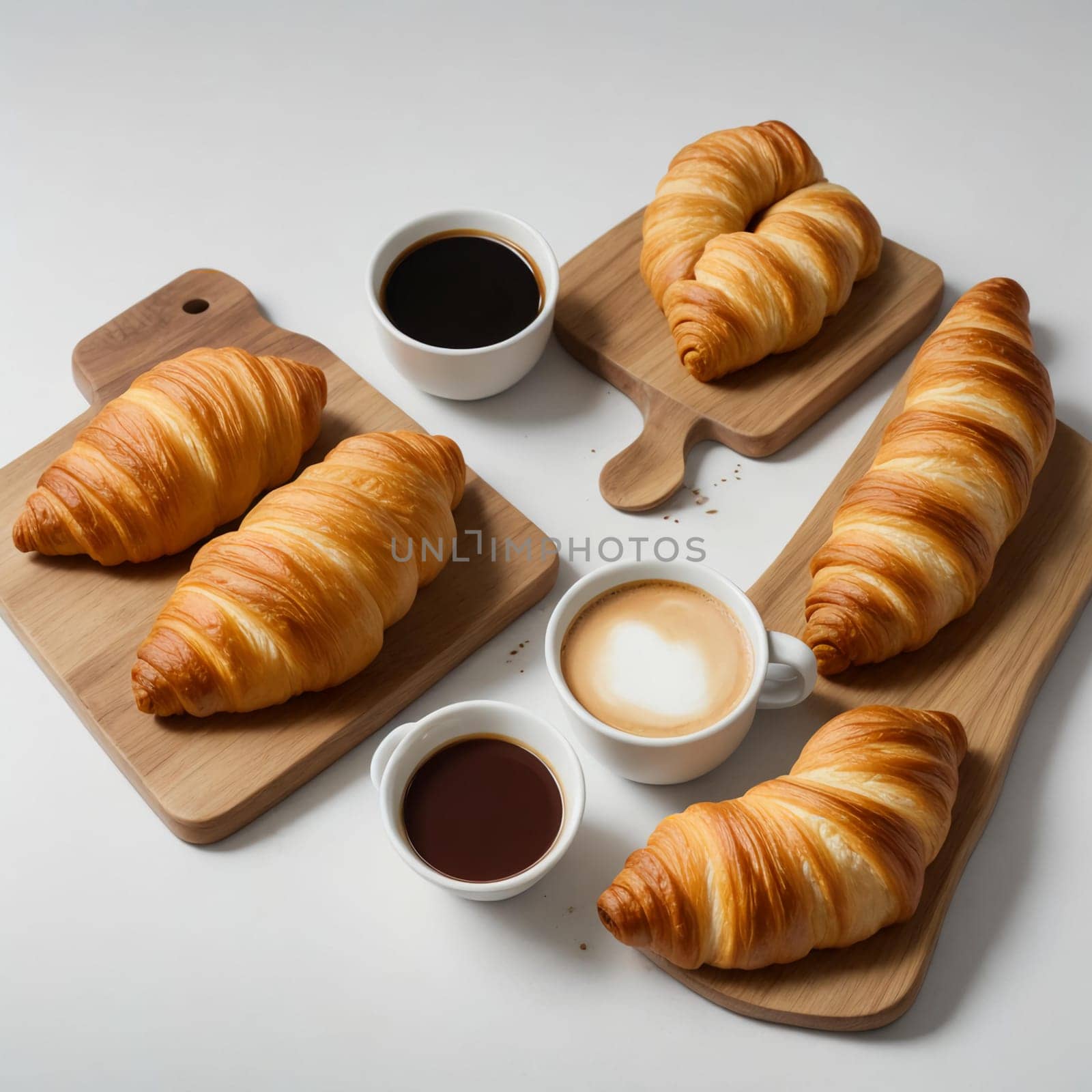 Freshly baked croissants on a wooden board next to a cup of hot coffee on a white background