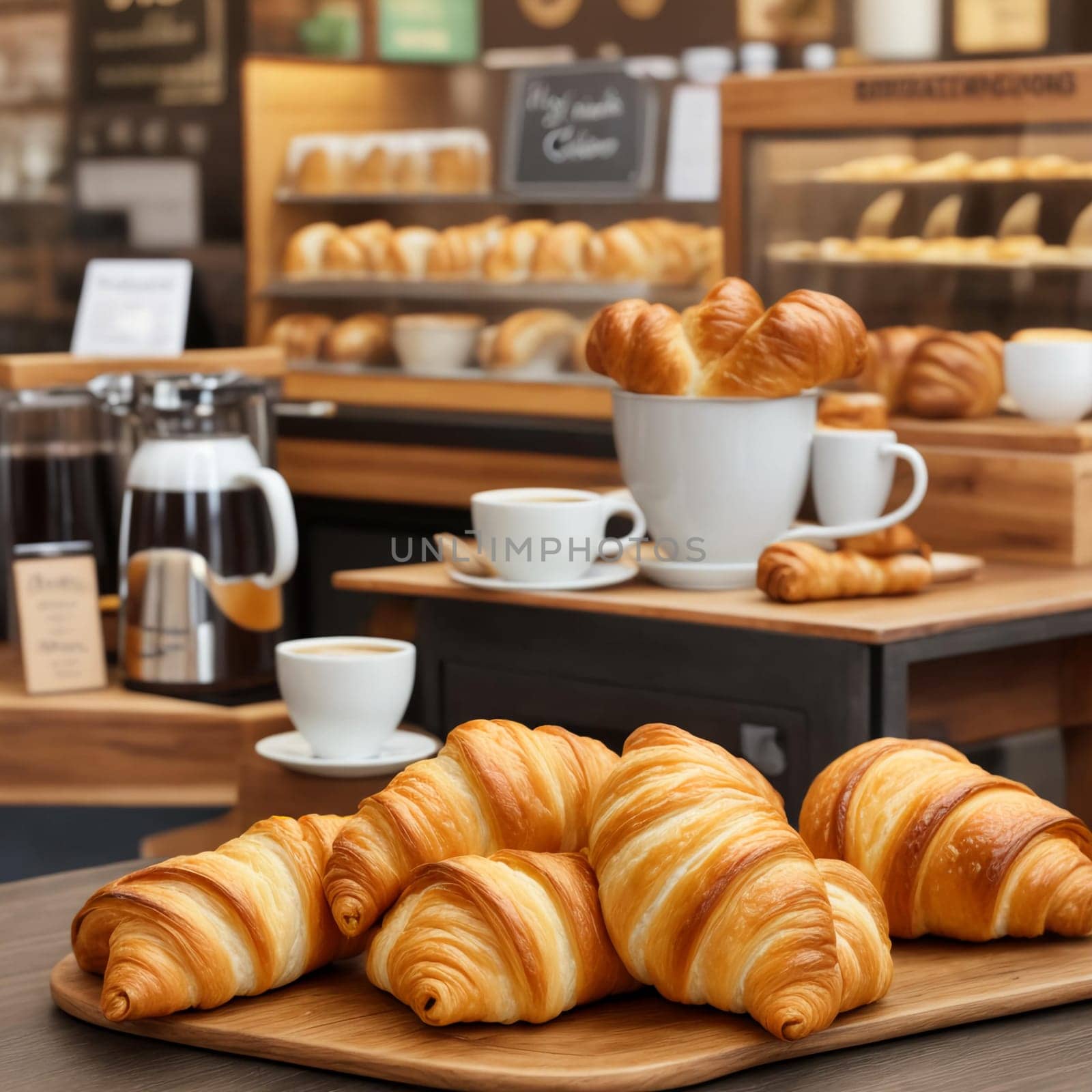 Freshly baked croissants on a wooden board next to a cup of hot coffee on a white background