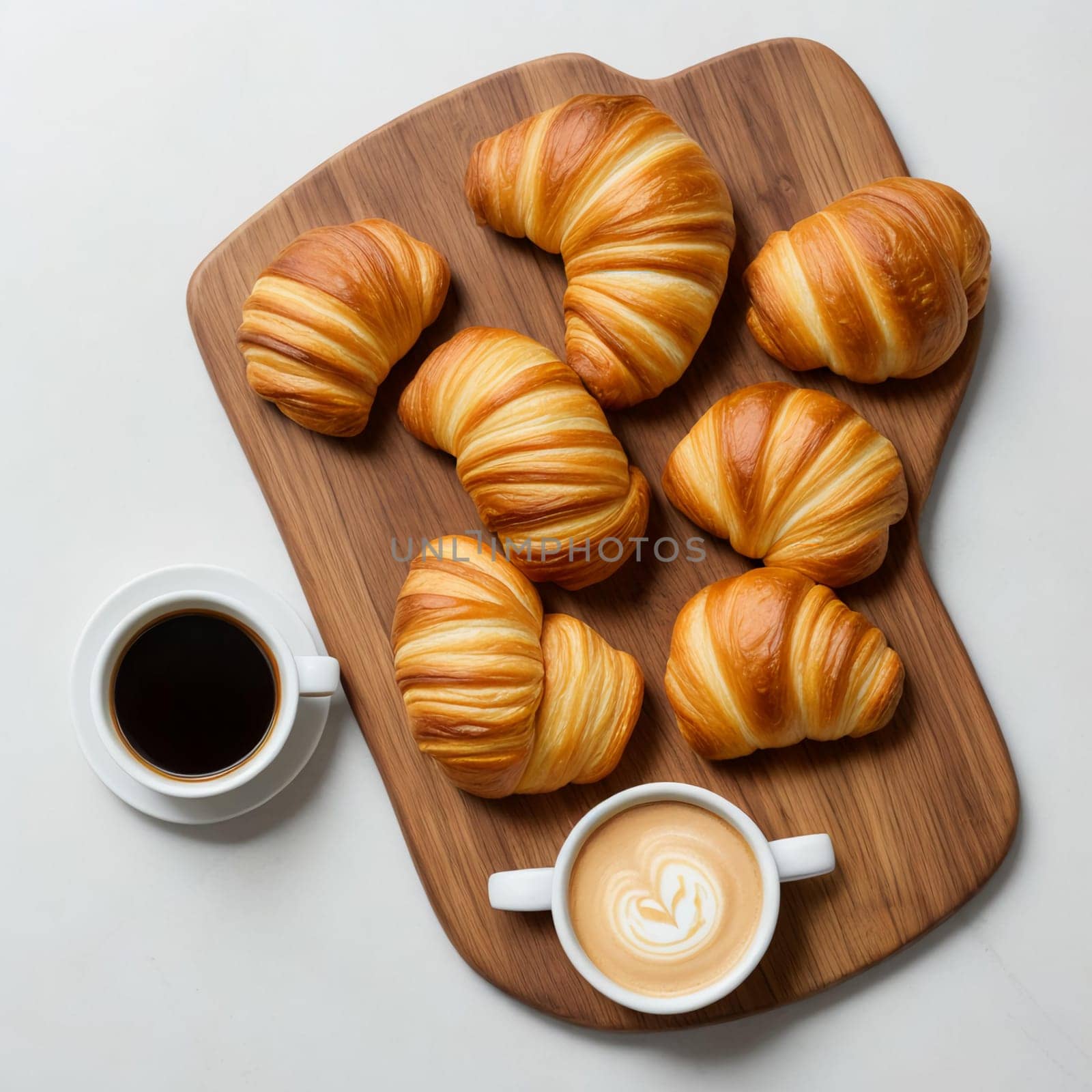 Freshly baked croissants on a wooden board next to a cup of hot coffee on a white background