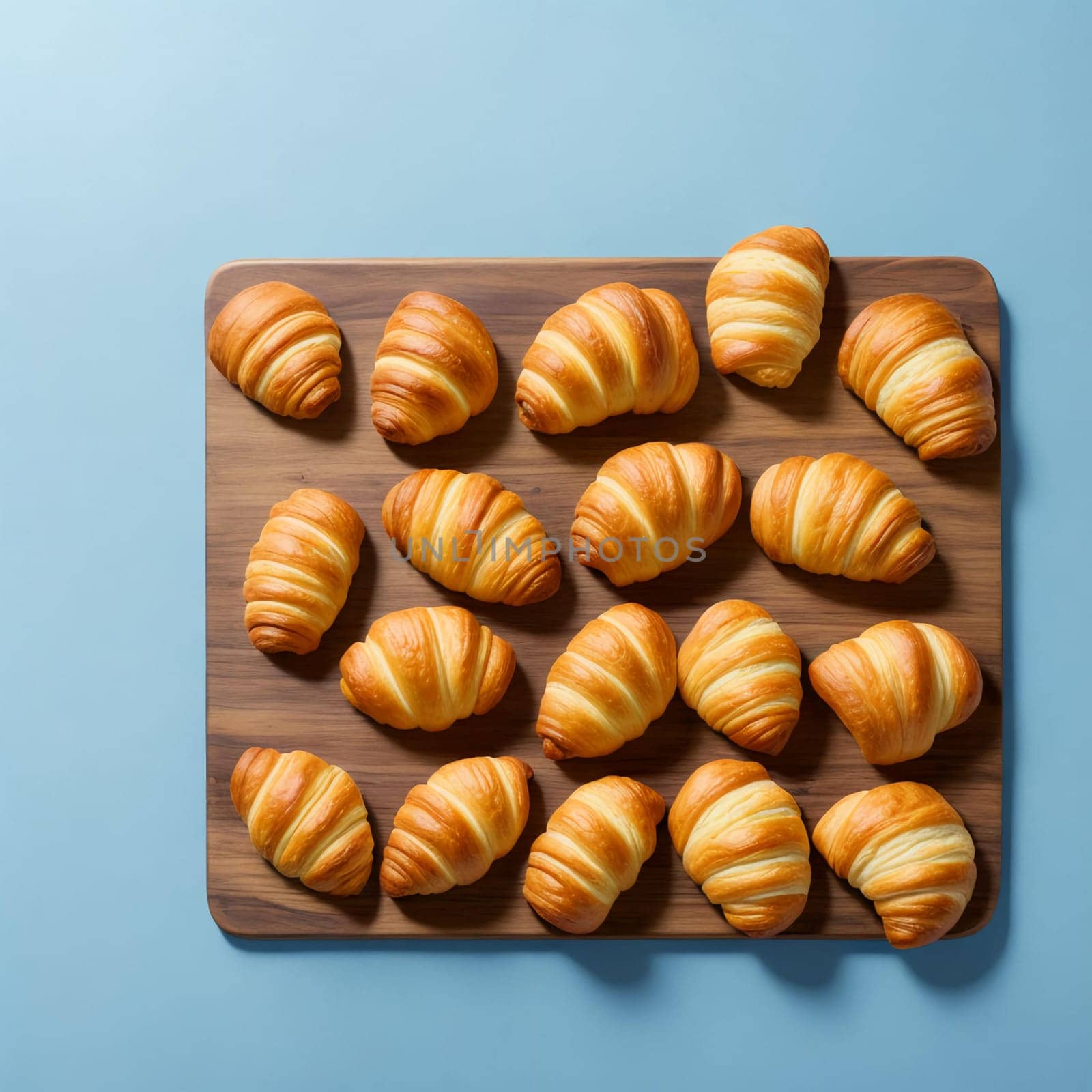 Freshly baked croissants on a wooden board next to a cup of hot coffee on a blue background