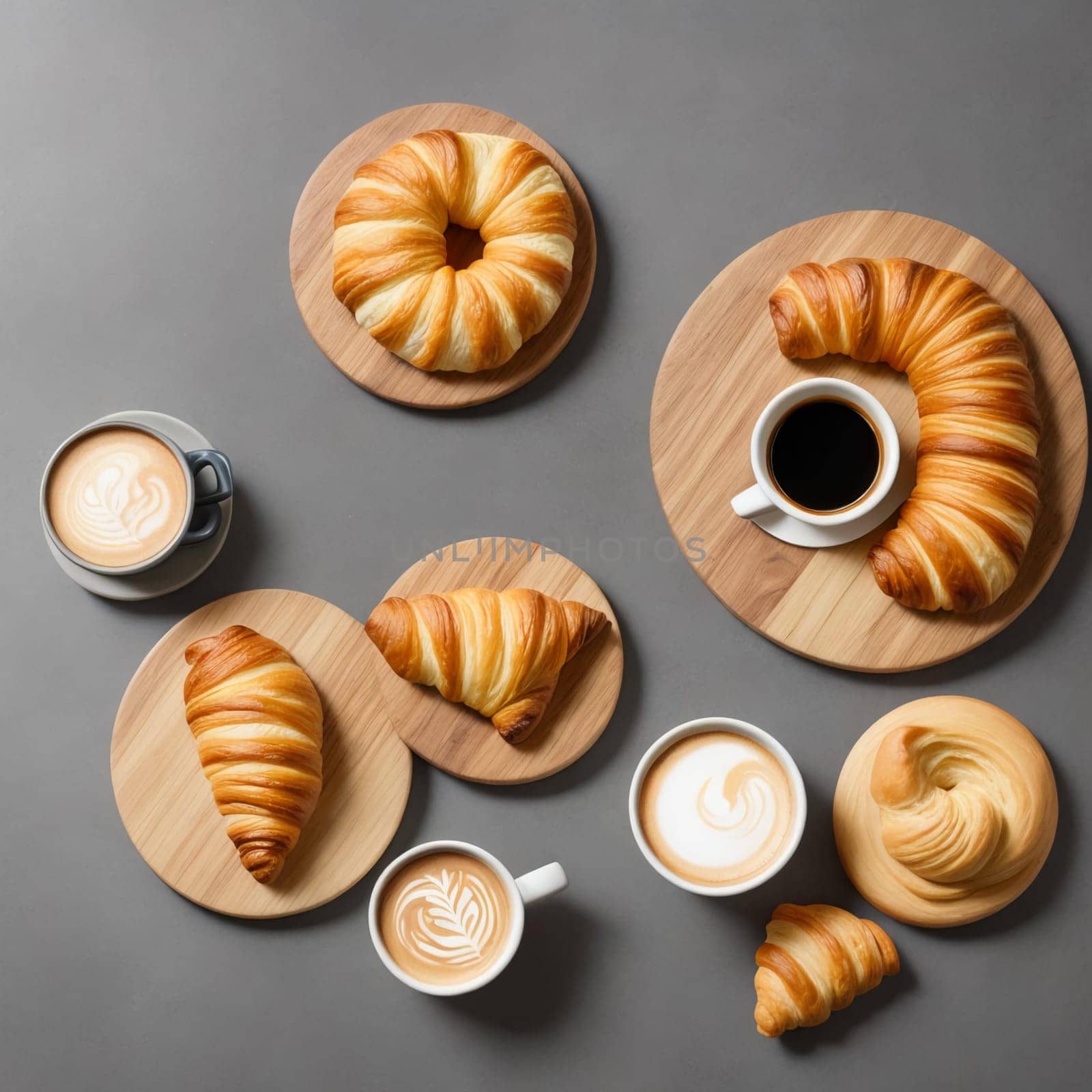 Freshly baked croissants on a wooden board next to a cup of hot coffee on a gray background