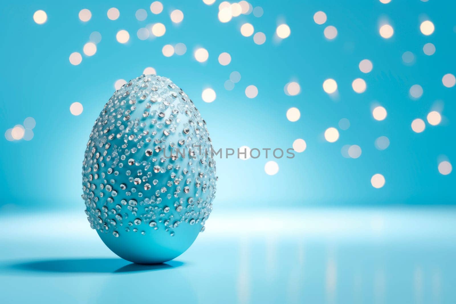 Glamorous shiny Easter egg in rhinestones and glitter. A blue egg on a blue background.