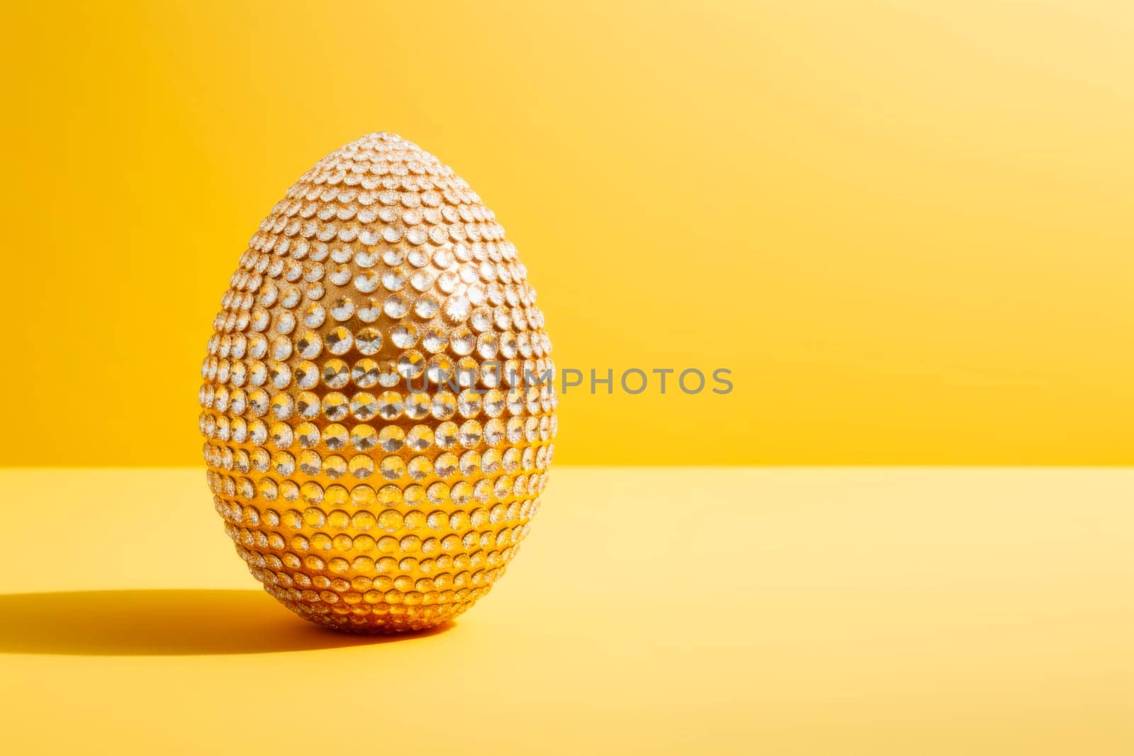 Glamorous shiny Easter egg in rhinestones and glitter. A yellow egg is an egg on a yellow background.