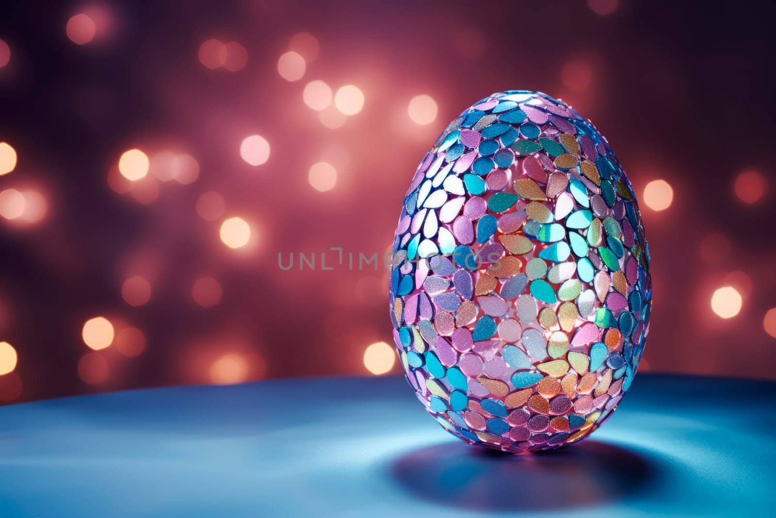 Glamorous shiny Easter egg in rhinestones and glitter on a neon background. Creative background.