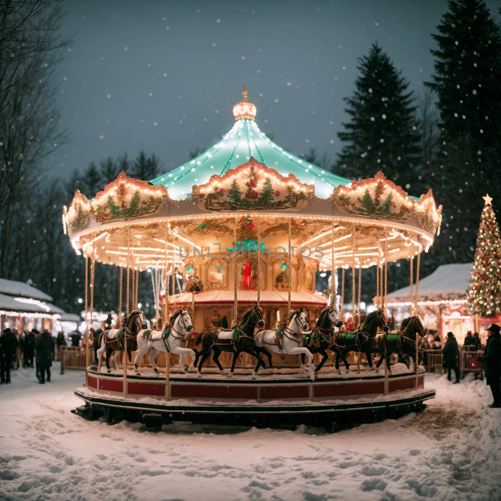 New Year's carousel with Christmas tree toys horses and colorful garlands in the snow-covered New Year's forest