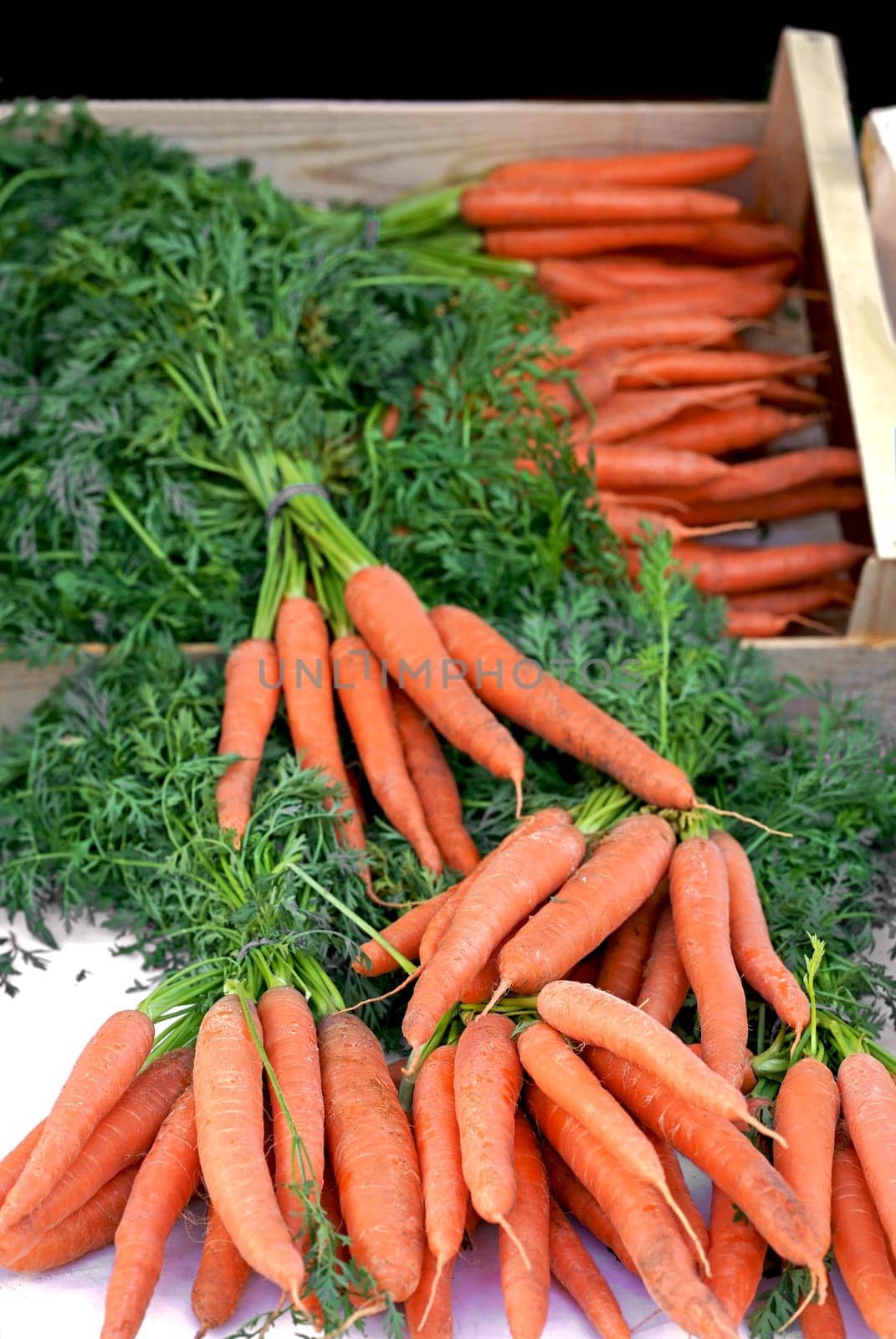 Nice. French market. bunches of young fresh carrots with green leaves on the counter of a local market by aprilphoto