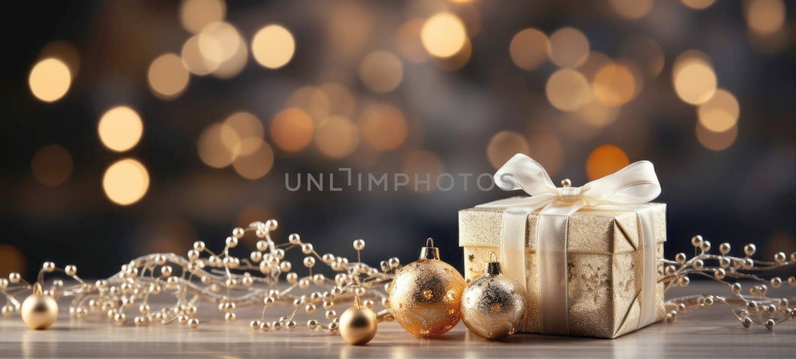 Christmas and New Year background - gift boxes and toys on a background of bokeh garlands.