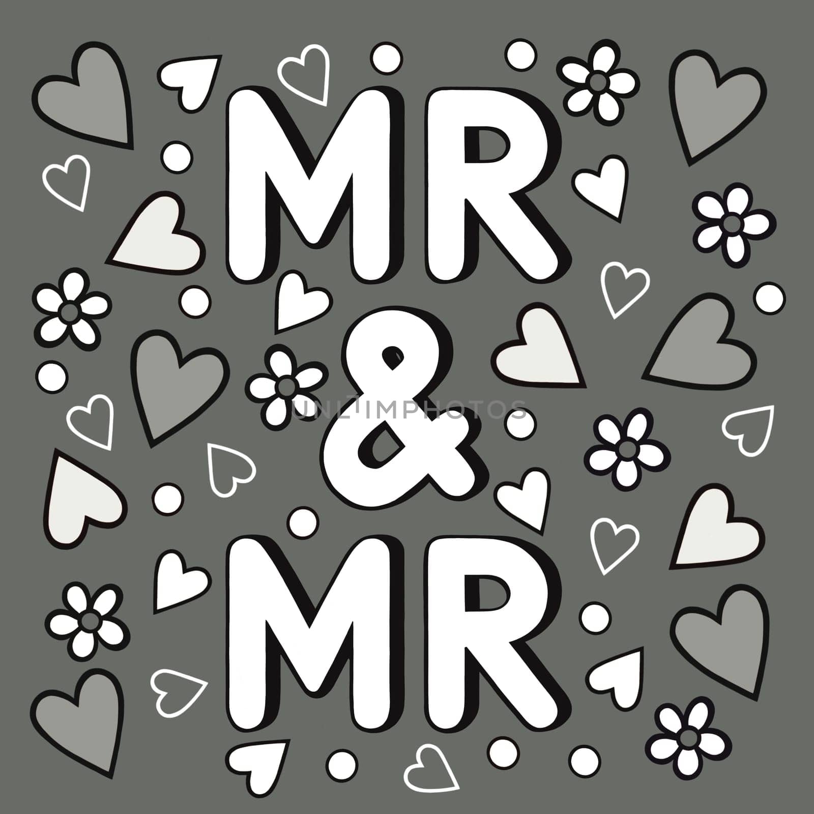 Wedding sign in a quirky, contemporary, cartoon style. Mr and Mr text in white on a grey background. Design contains hearts and flower confetti floating down round the word art. Modern artwork.