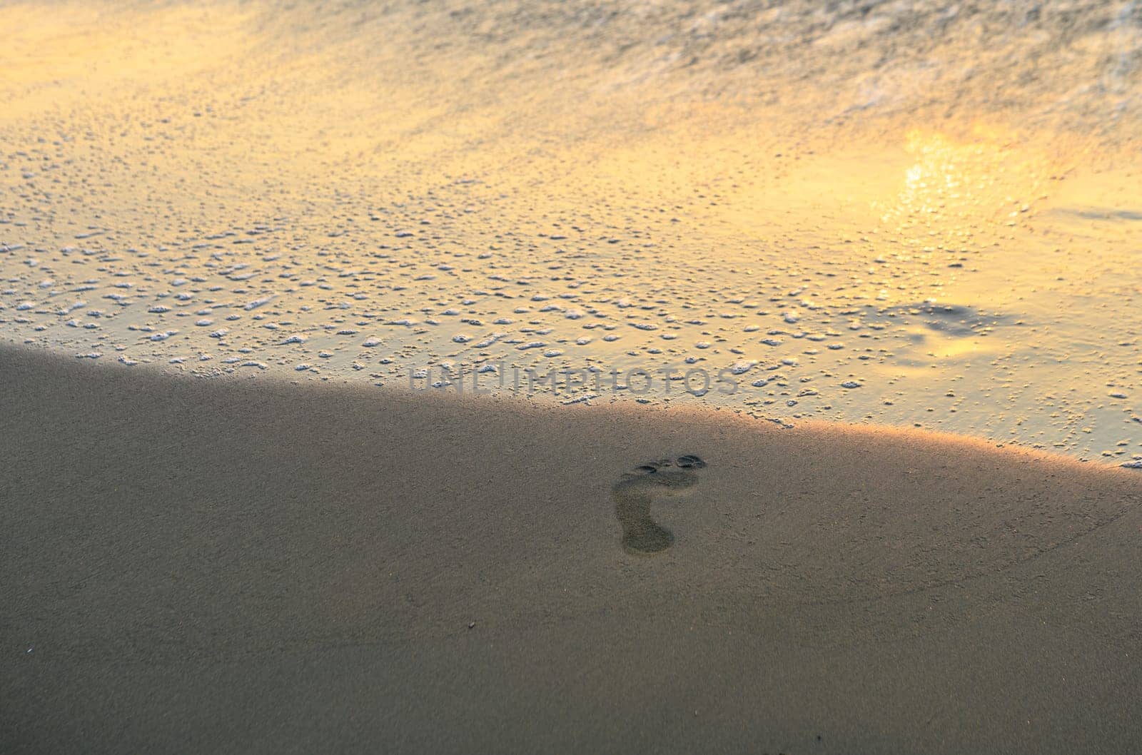 footprints leading into the sea on a Mediterranean beach