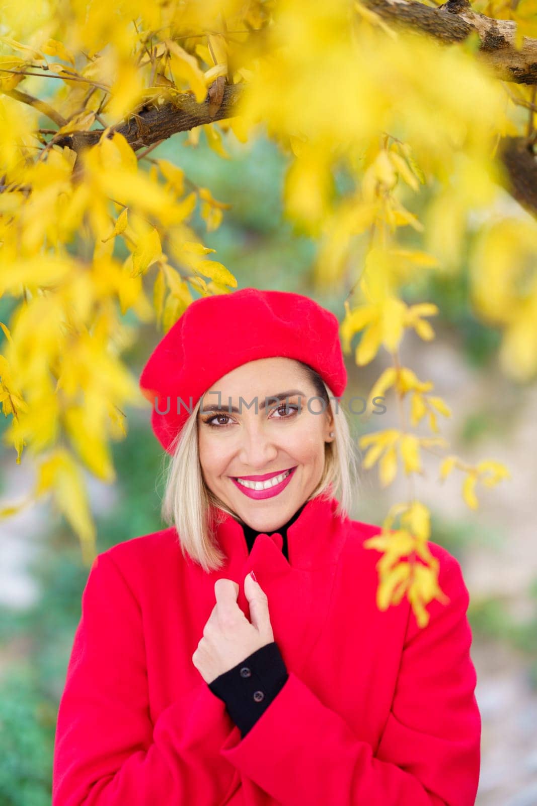 Happy young lady with blond hair and red lips, in bright coat and beret adjusting collar and smiling at camera while standing under yellow tree on sunny autumn day