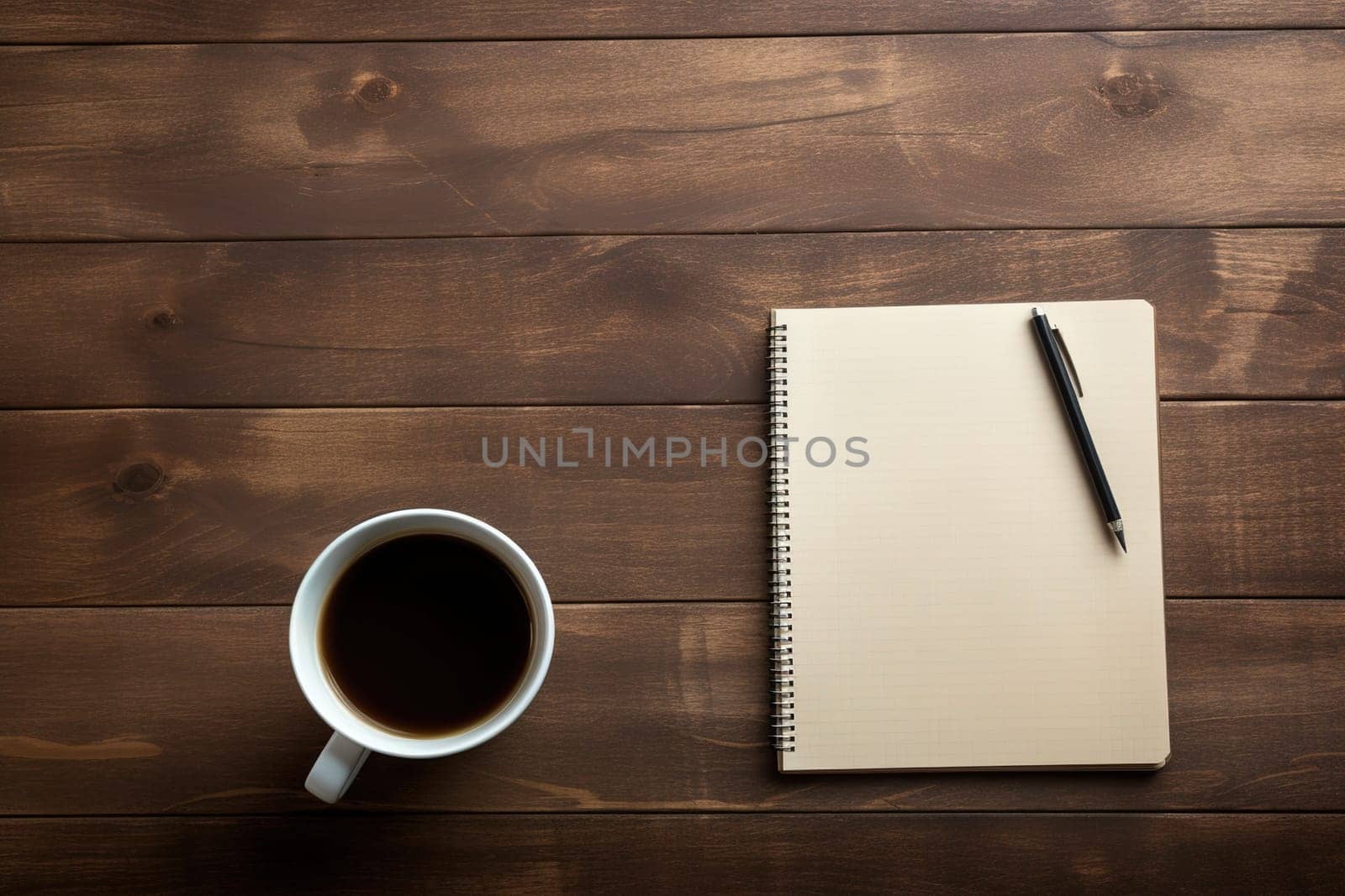 mockup, notebook, coffee cup, wooden desk, generative ai