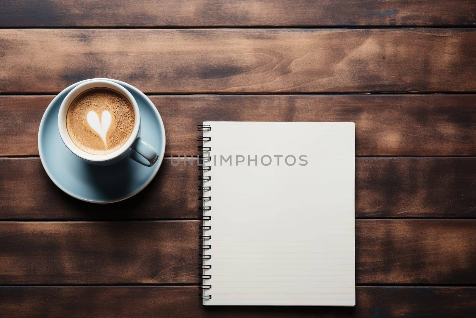 mockup, notebook, coffee cup, wooden desk, generative ai. by Manastrong