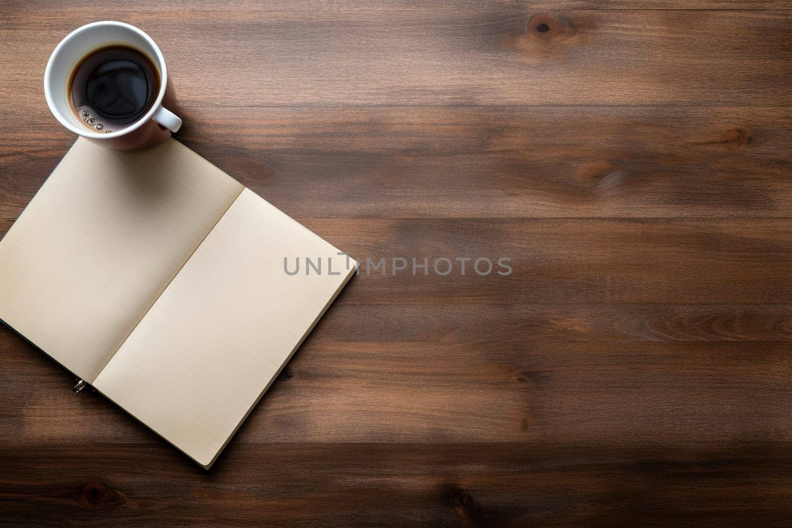 mockup, notebook, coffee cup, wooden desk, generative ai. by Manastrong