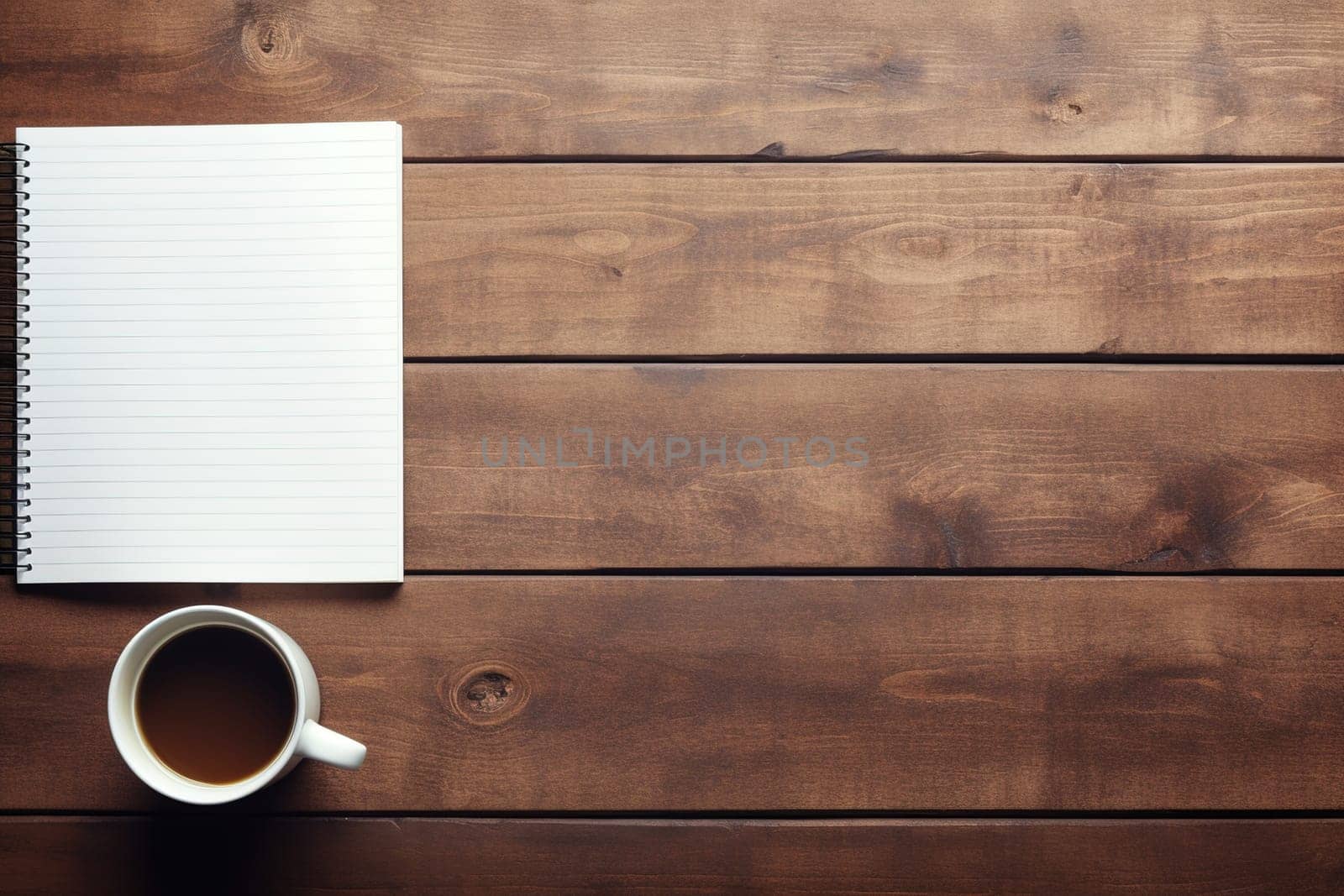 mockup, notebook, coffee cup, wooden desk, generative ai. by Manastrong