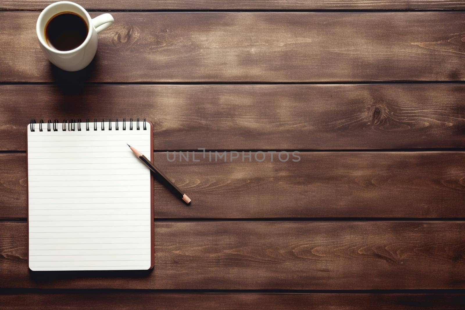 mockup, notebook, coffee cup, wooden desk, generative ai