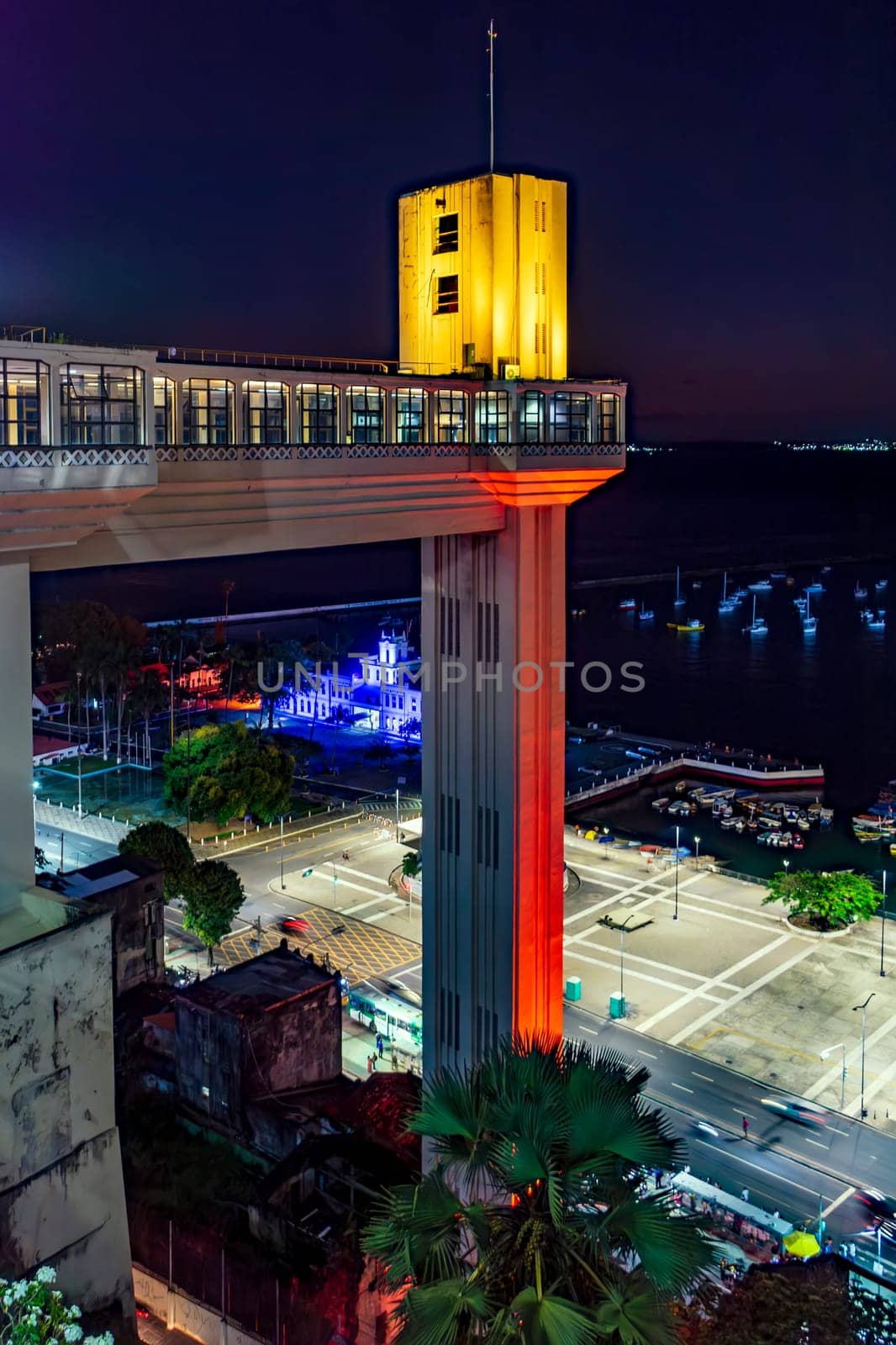 Night view from Pelourinho to Baia de Todos os Santos and the Unlimited Lacerda Elevator in Salvador, Bahia