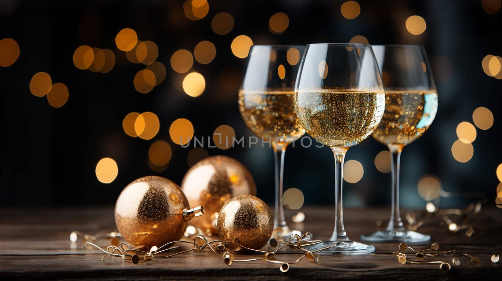 Wine Glasses, Golden Confetti and Decorative Balls on a Stylish Dark Background with copy space. Christmas and New Year Cincept.