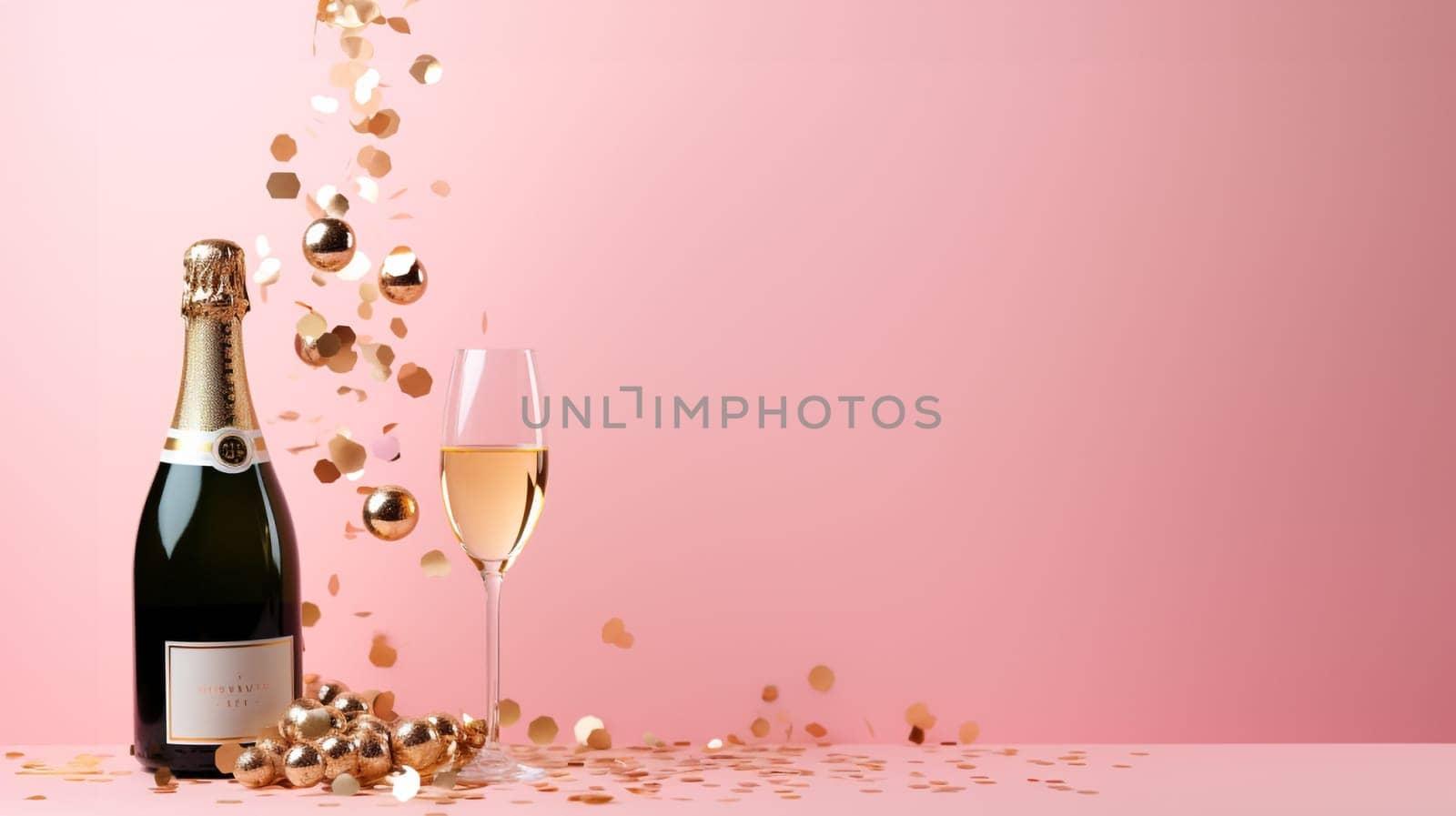 Top view of Champagne Bottle, Golden Confetti, and Decorative Balls on a Stylish light pink Background, Flat Lay Arrangement. with copy space