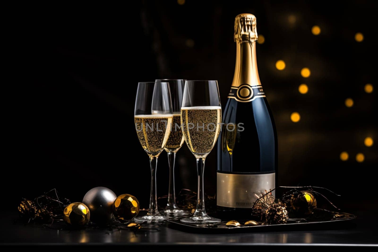 Premium Christmas Party Theme with Champagne Bottle, Wine Glasses, Golden Confetti, and Decorative Balls on a Stylish Dark Background. Lavish Flat Lay Arrangement with copy space.