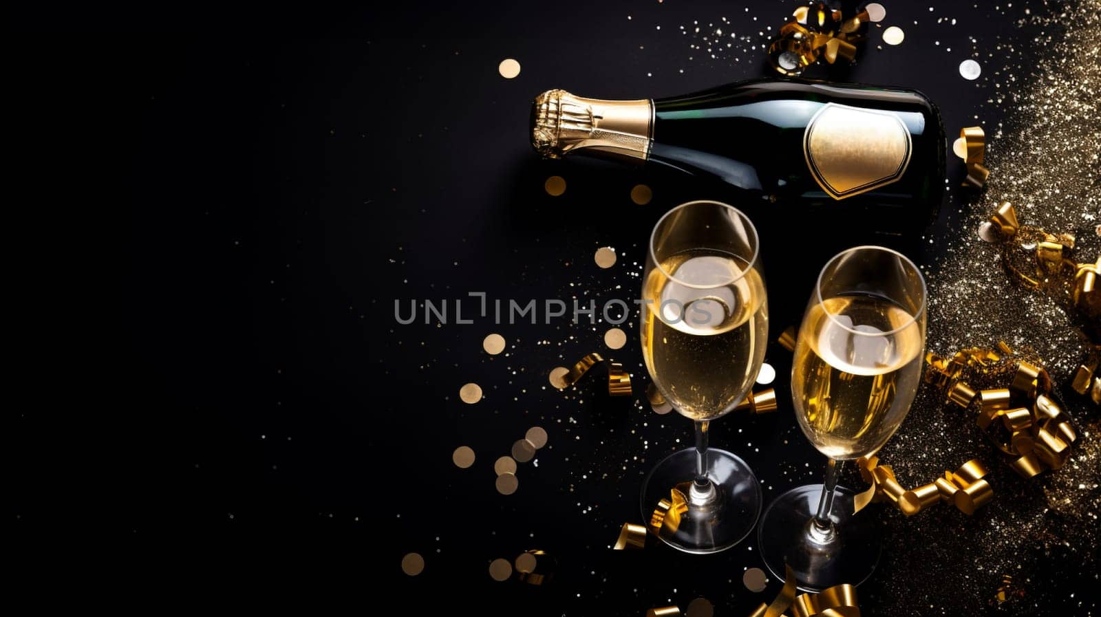 Premium Christmas Party Theme with Champagne Bottle, Wine Glasses, Golden Confetti, and Decorative Balls on a Stylish Dark Background. Lavish Flat Lay Arrangement with copy space.