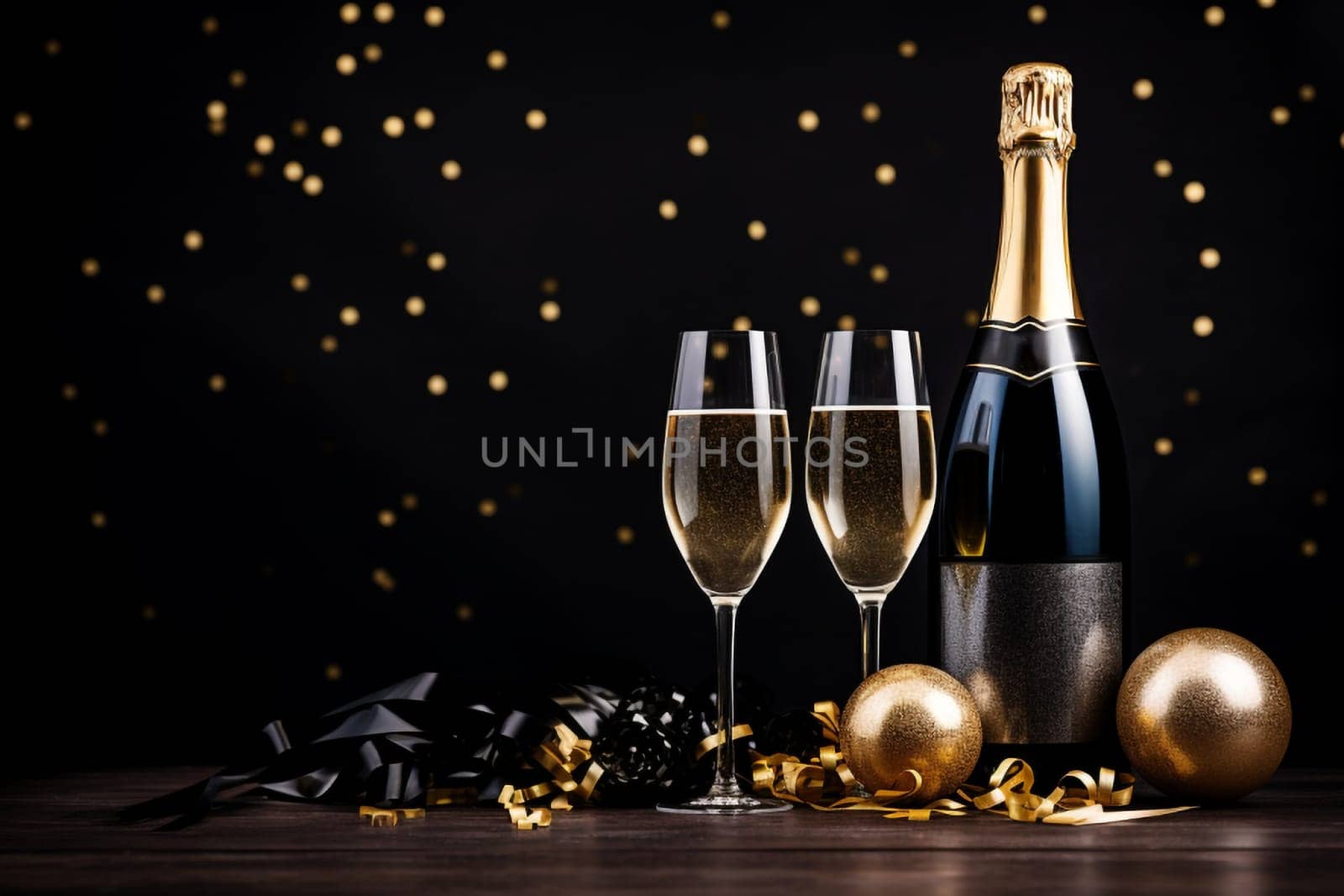 Premium Christmas Party Theme with Champagne Bottle, Wine Glasses, Golden Confetti, and Decorative Balls on a Stylish Dark Background. Lavish Flat Lay Arrangement with copy space.