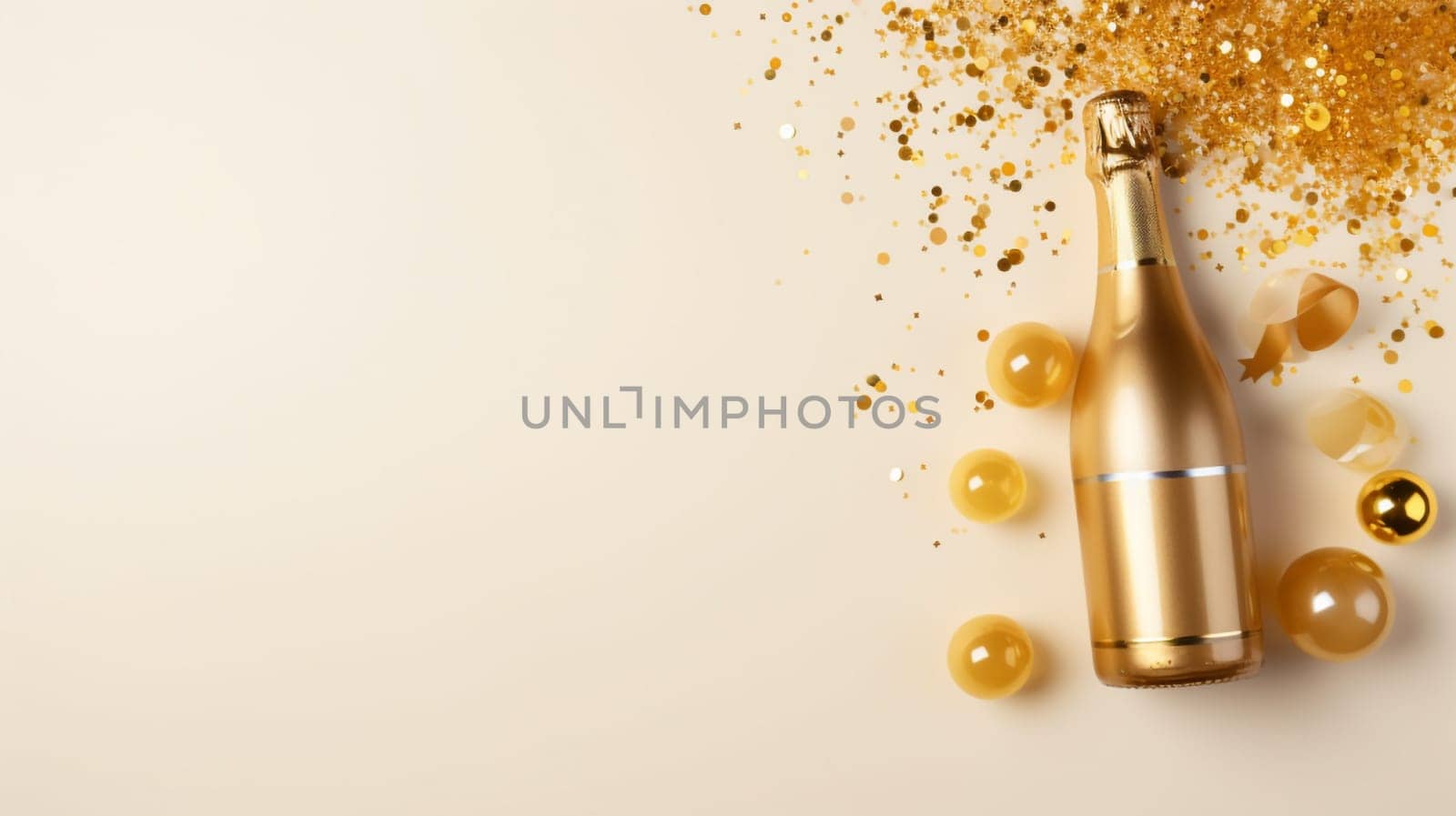 Top view of Champagne Bottle, Golden Confetti, and Decorative Balls on a Stylish light Background, Flat Lay Arrangement. with copy space