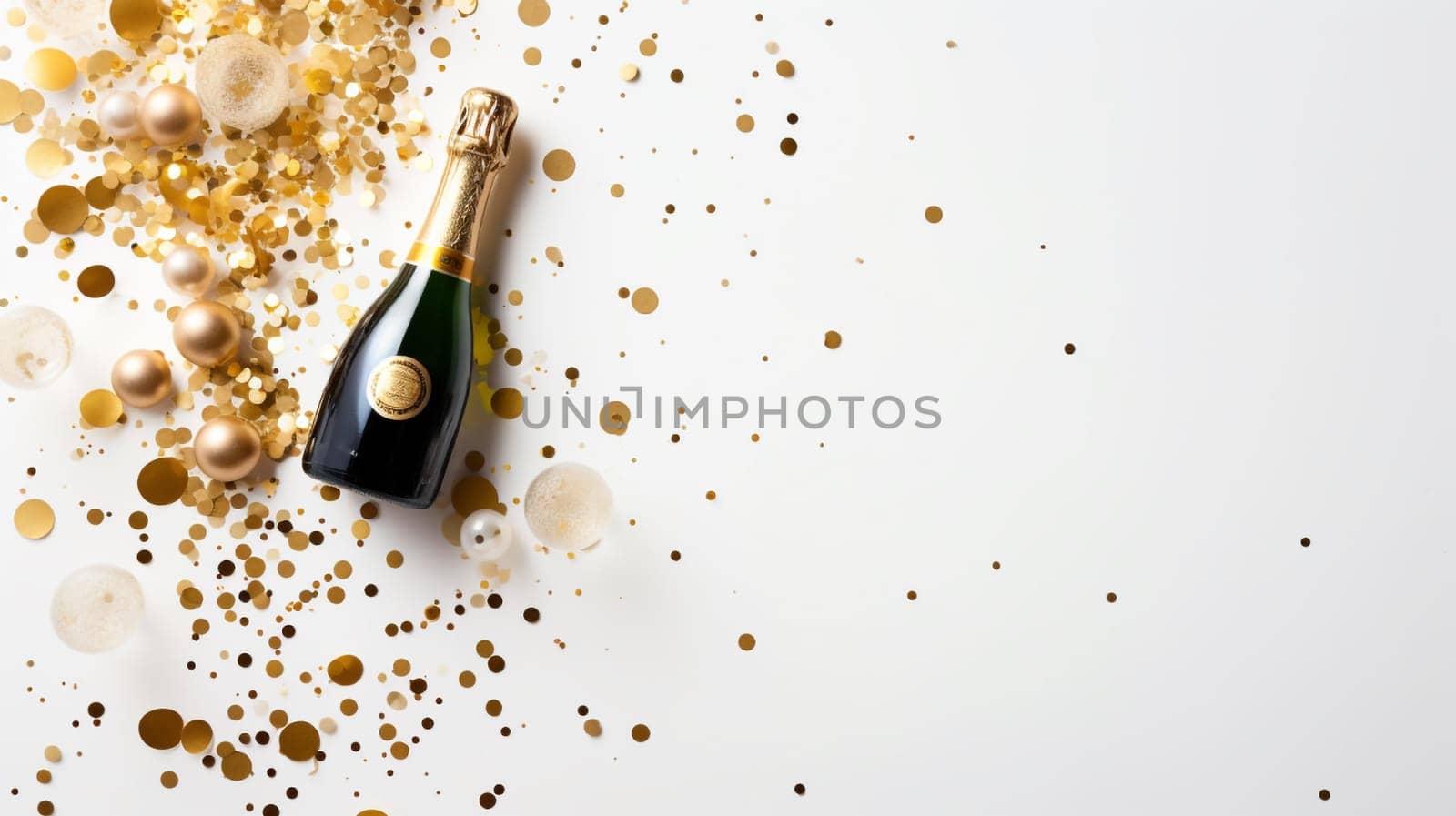 Top view of Champagne Bottle, Golden Confetti, and Decorative Balls on a Stylish light Background, Flat Lay Arrangement. with copy space