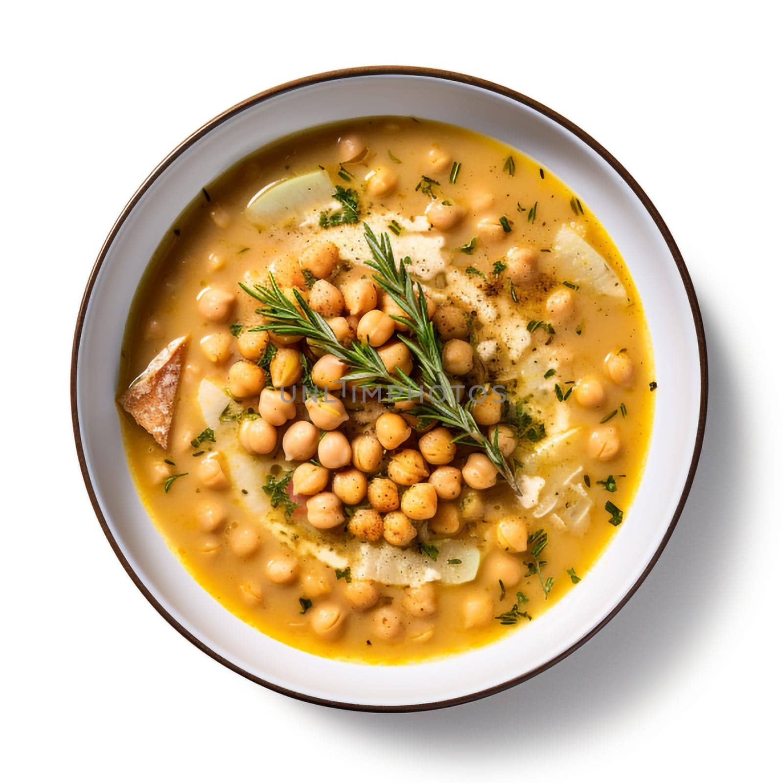Chickpea soup, traditional Italian winter dish, in Umbria. A warm and nourishing soup made with chickpeas and flavors such as rosemary and garlic. on a white plate in a elegant restaurant decorated for Christmas time. Healthy vegetarian food
